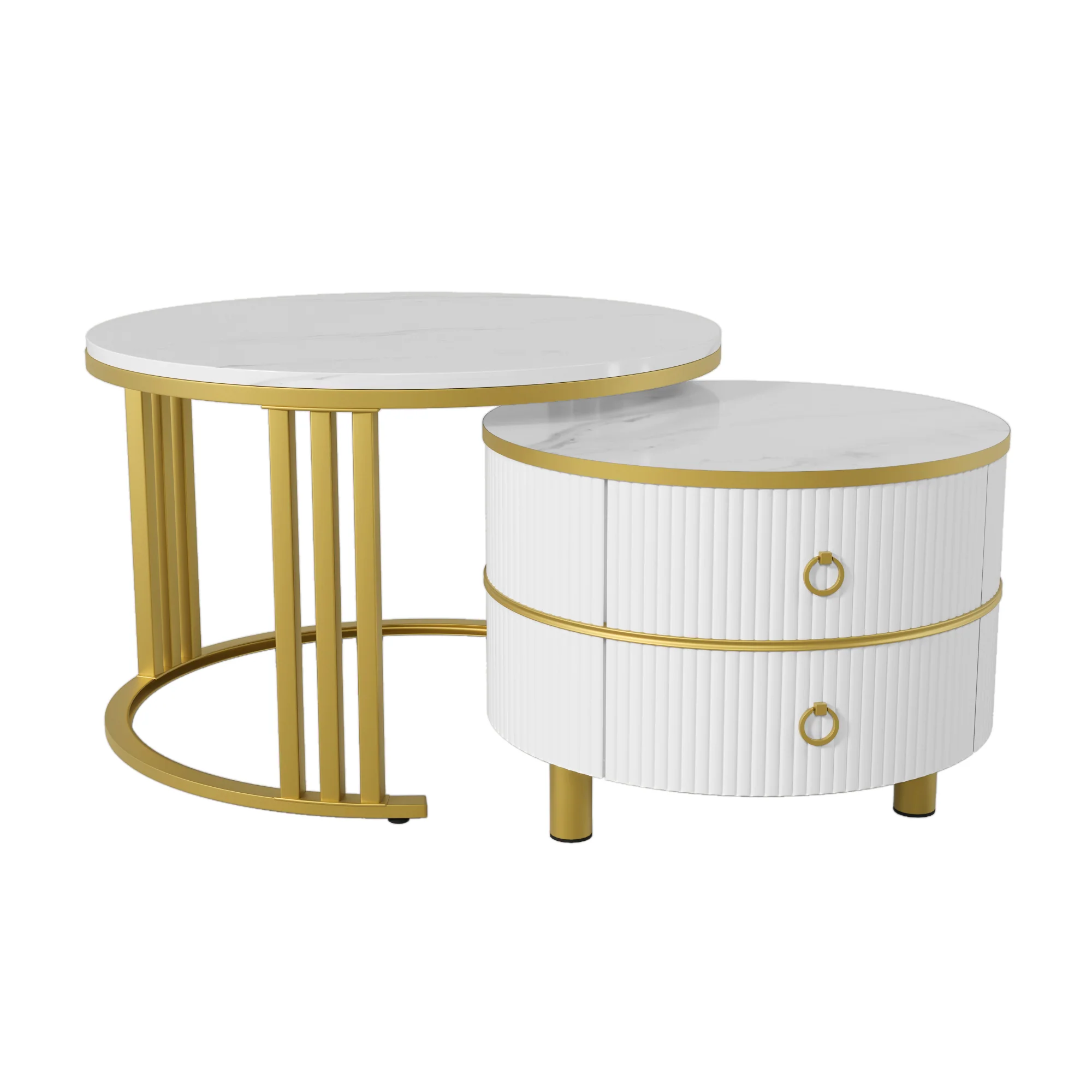 Coffee Table, 2-in-1 Round with 2 Drawers, White Marble & MDF - Image 5