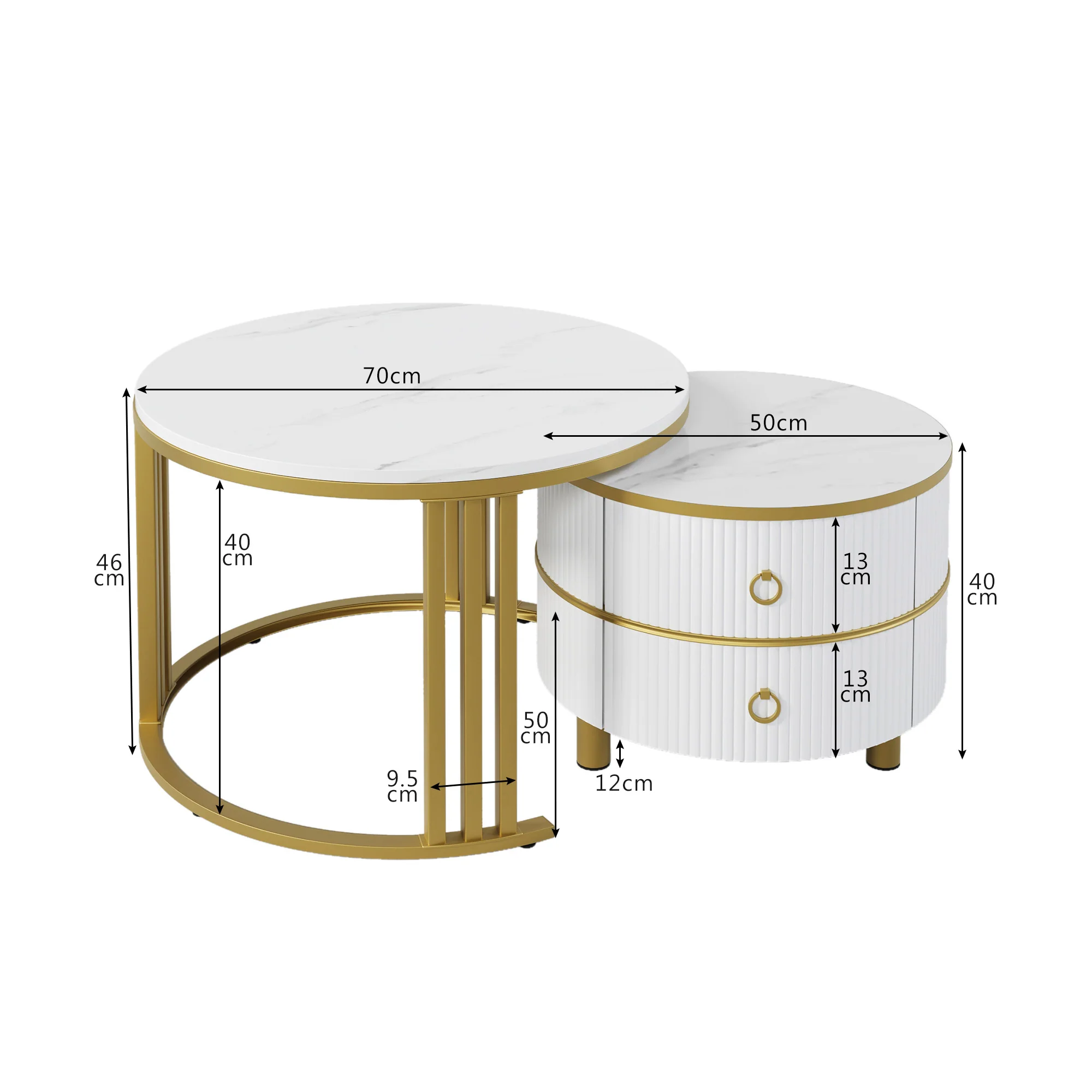 Coffee Table, 2-in-1 Round with 2 Drawers, White Marble & MDF - Image 6
