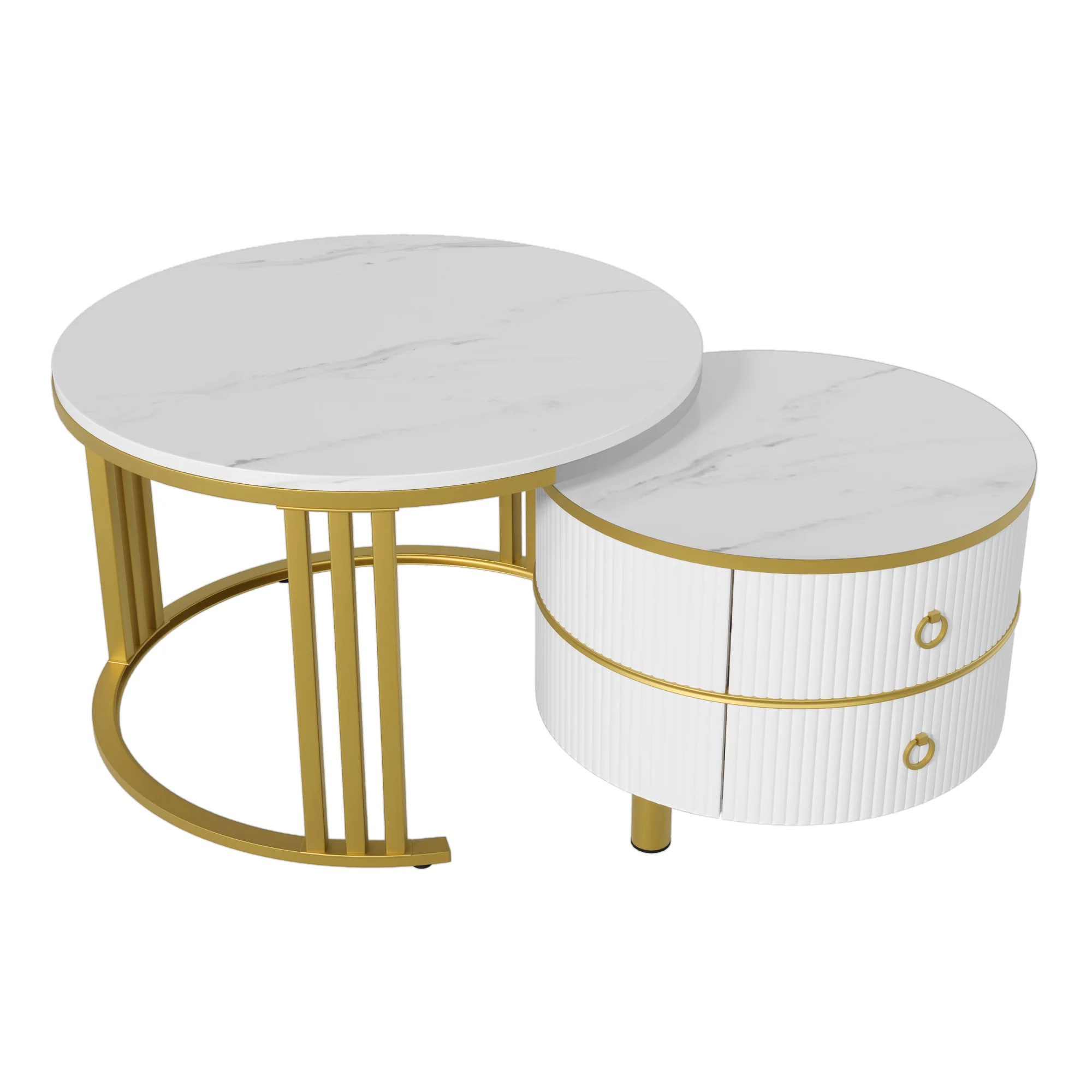 Coffee Table, 2-in-1 Round with 2 Drawers, White Marble & MDF - Image 7