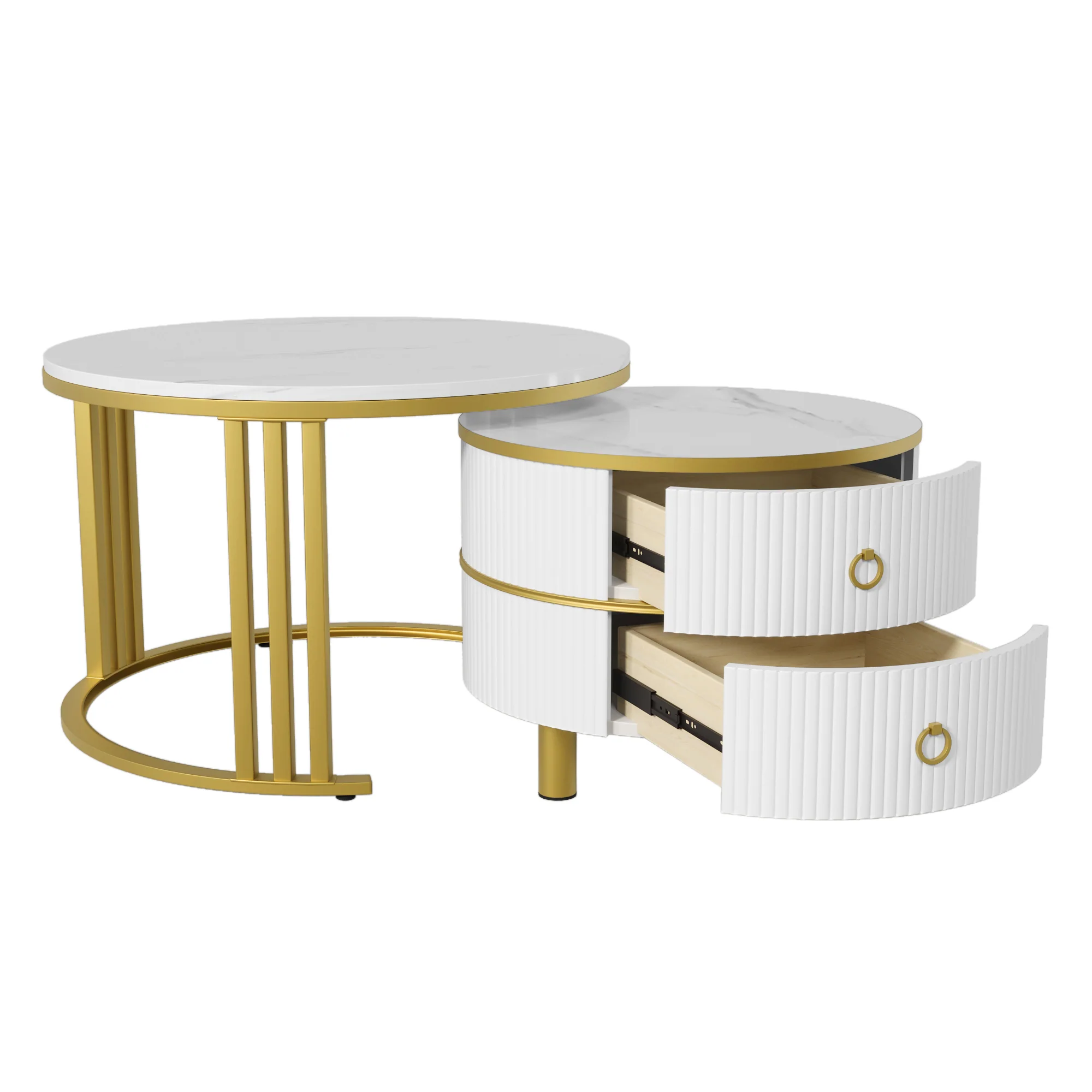 Coffee Table, 2-in-1 Round with 2 Drawers, White Marble & MDF - Image 8