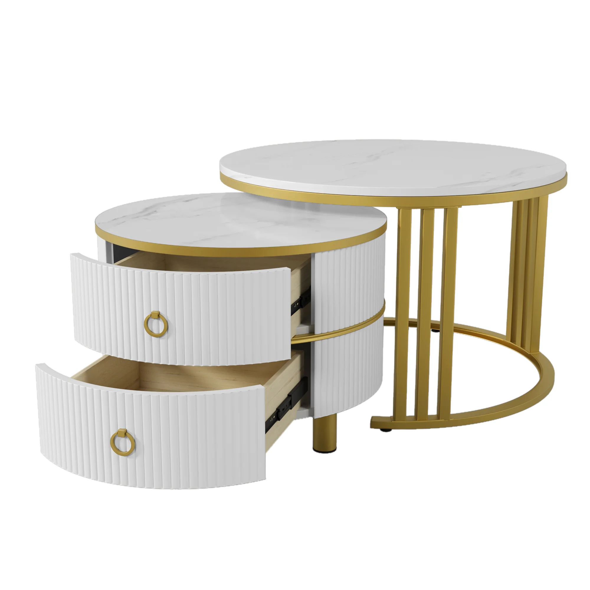 Coffee Table, 2-in-1 Round with 2 Drawers, White Marble & MDF - Image 9