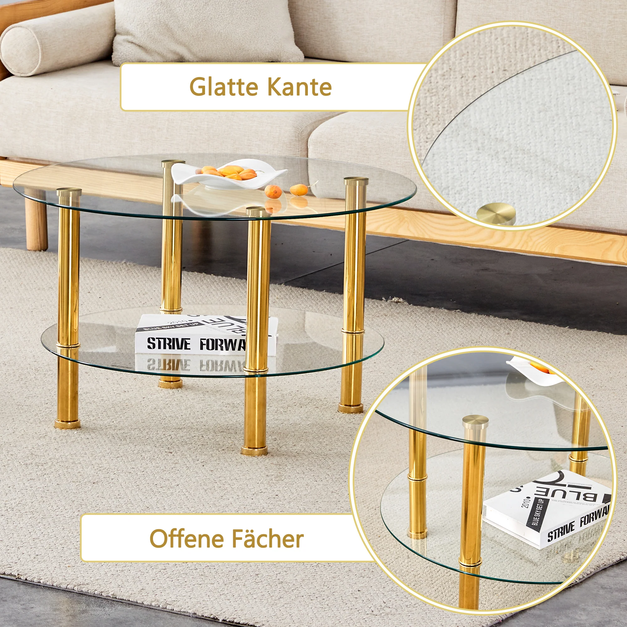 Coffee Table 2-Tiered Glass Gold Metal Legs - Image 5