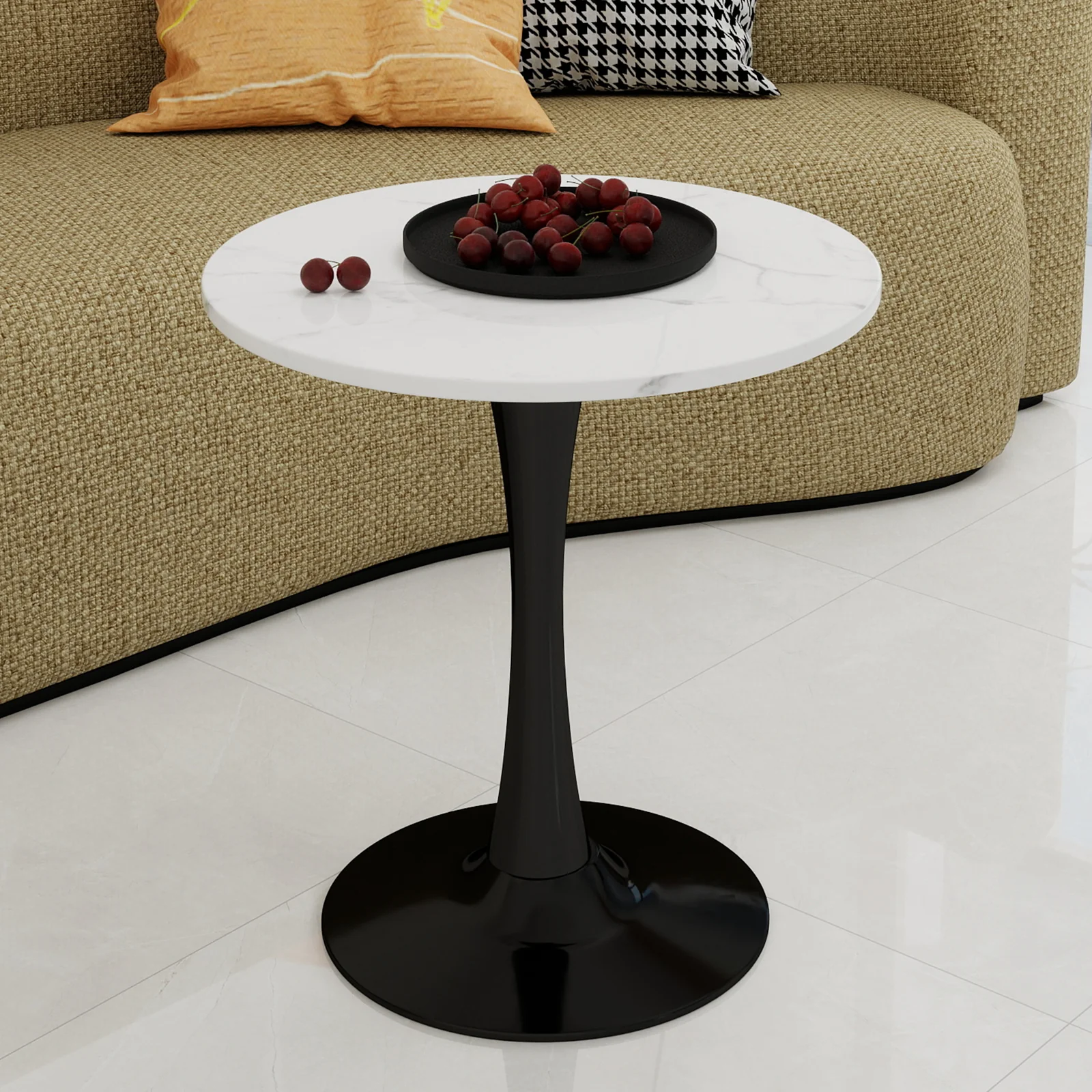 Coffee Table 27.6-inch Mid-Century Modern Round Marble Top - Black - Image 6