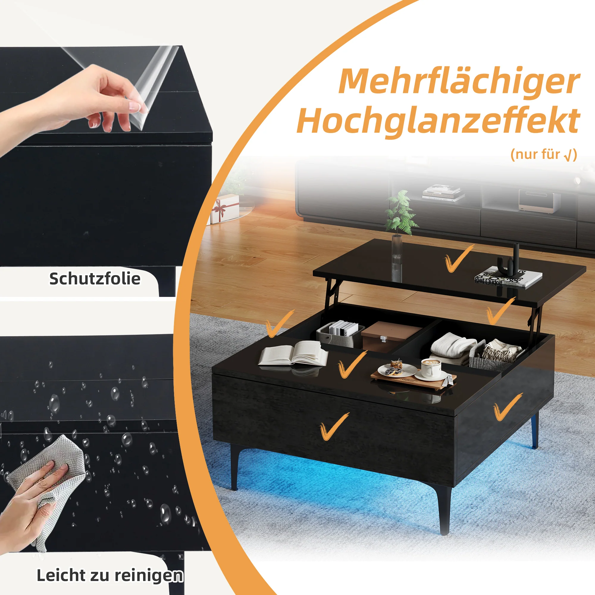 Coffee Table, 70x70x35cm Height-Adjustable with Hidden Storage & Shelves, Black High-Gloss - Image 8