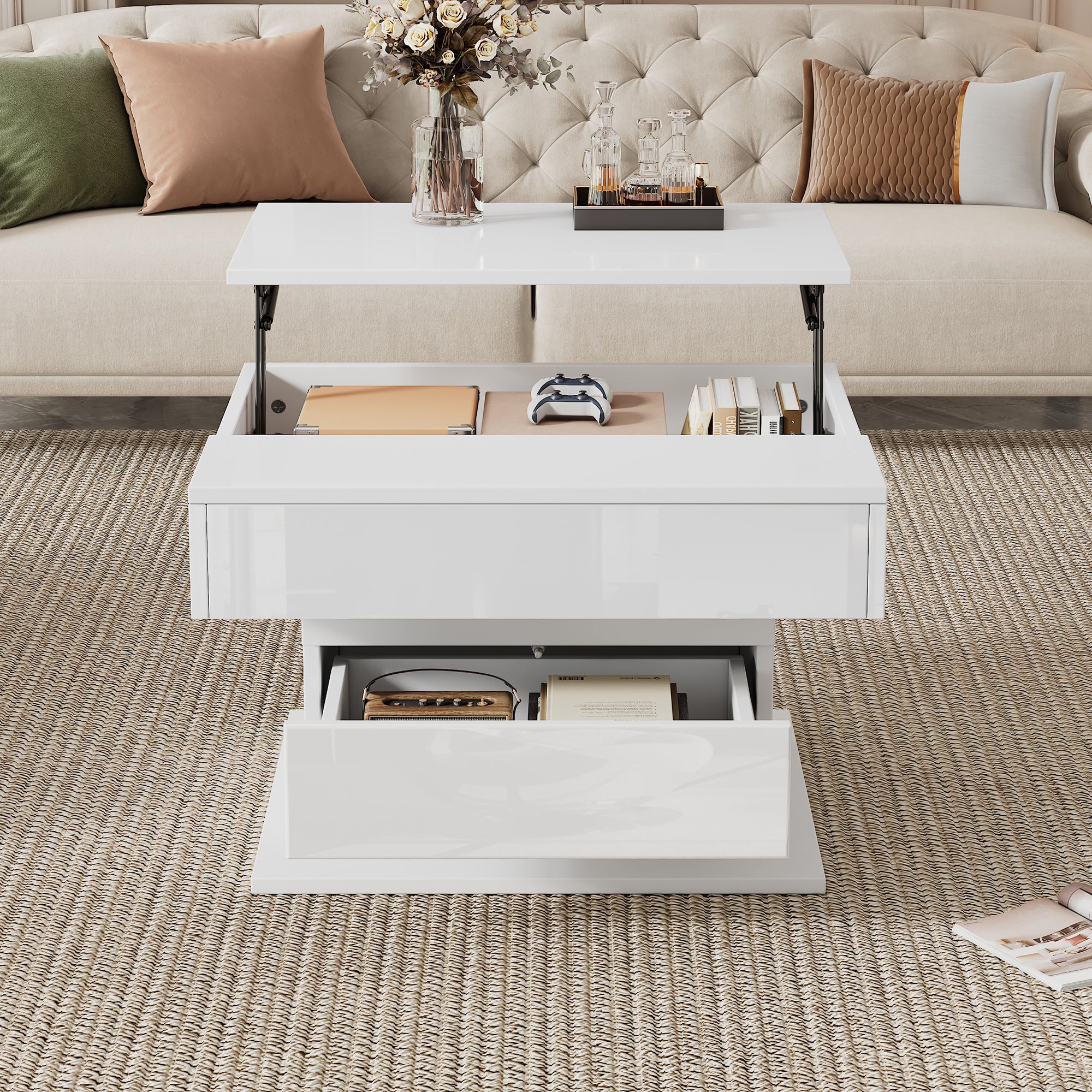 Coffee Table Geometric Lift-Up 360° Swivel Top 1 Drawer Hidden Storage - High-Gloss White - Image 5
