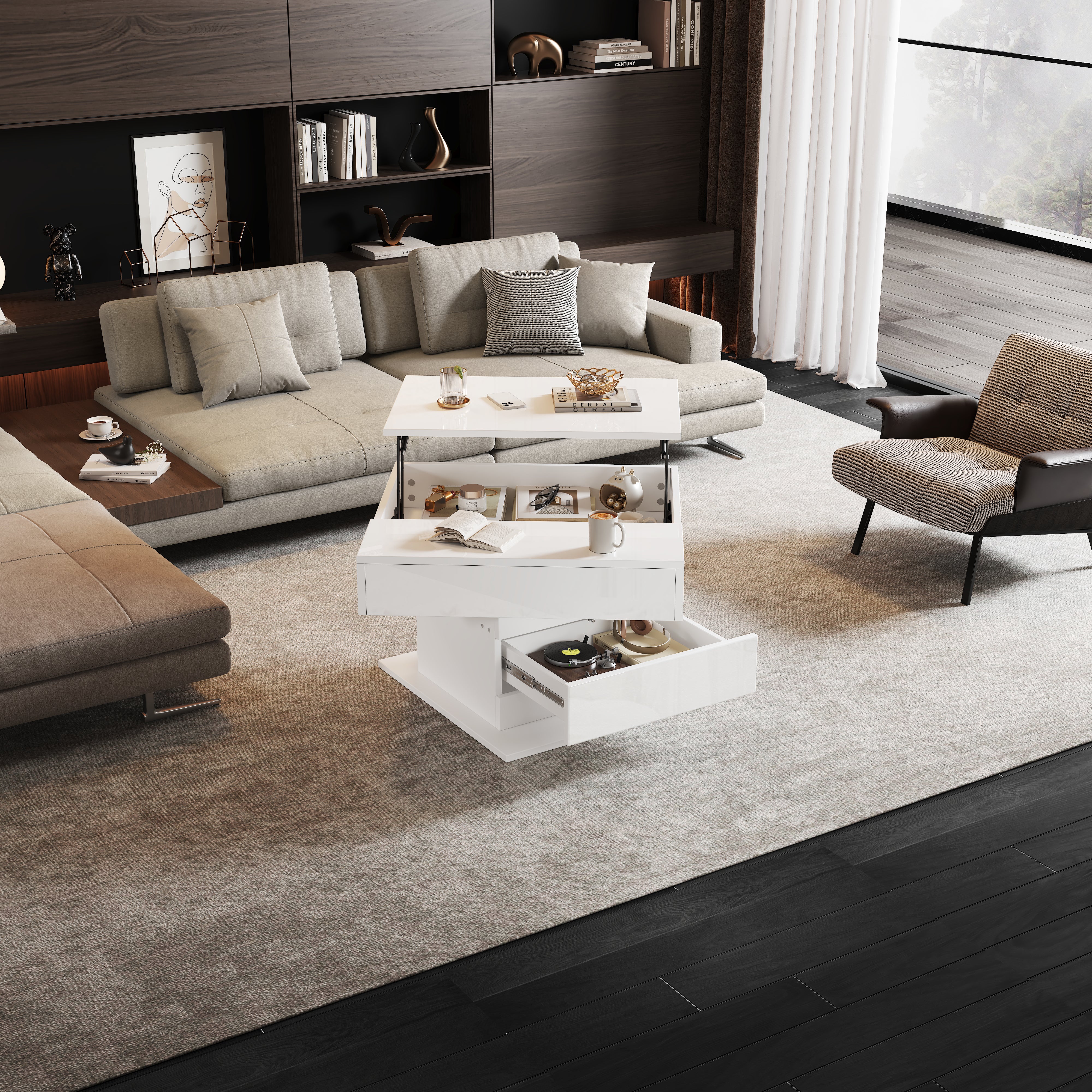 Coffee Table Geometric Lift-Up 360° Swivel Top 1 Drawer Hidden Storage - High-Gloss White - Image 6