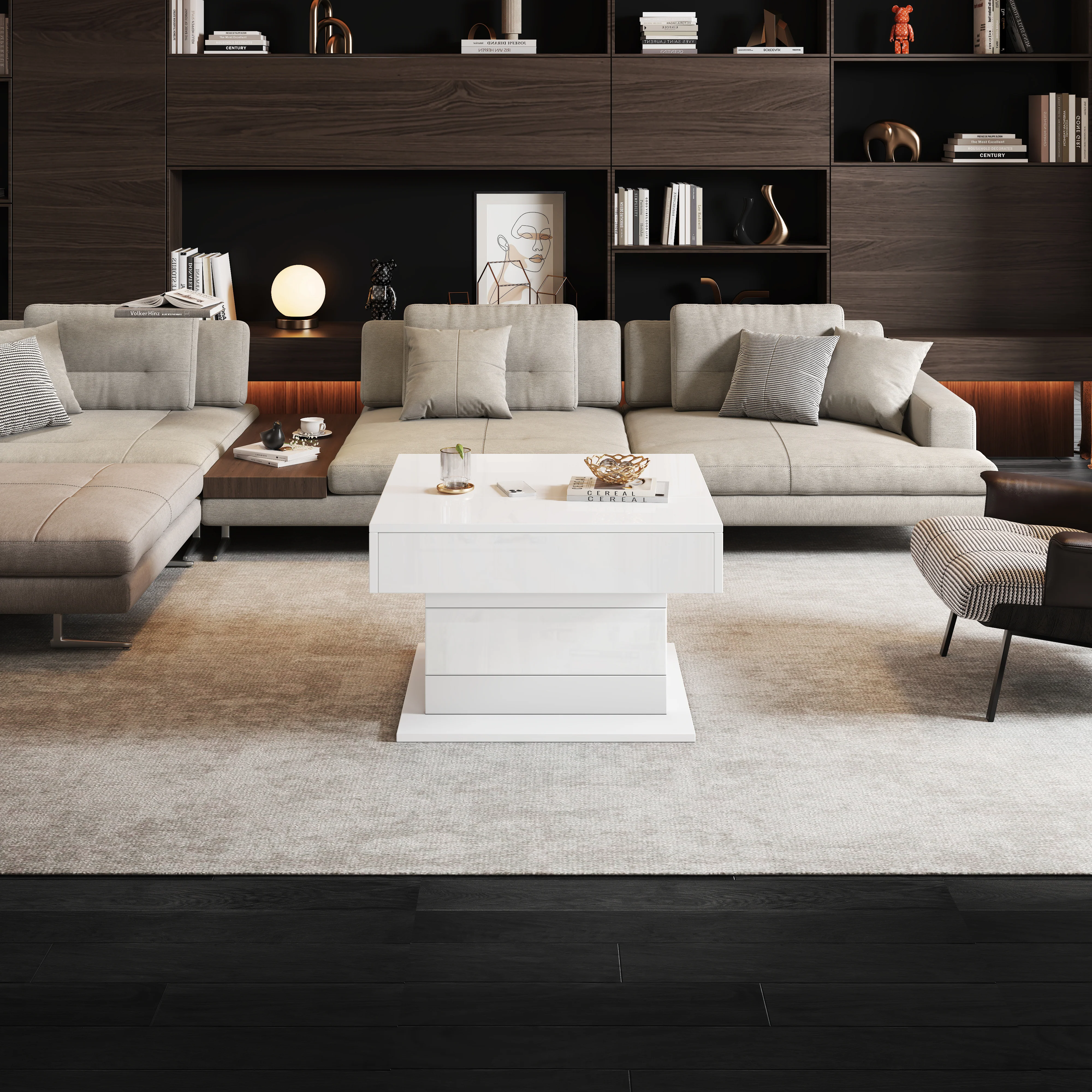 Coffee Table Geometric Lift-Up 360° Swivel Top 1 Drawer Hidden Storage - High-Gloss White - Image 8