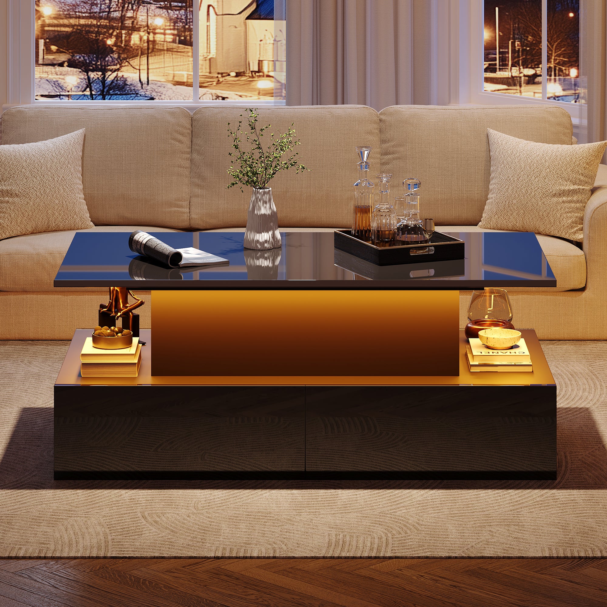 Coffee Table, LED Lit with 4 Drawers, Black High-Gloss - Image 3