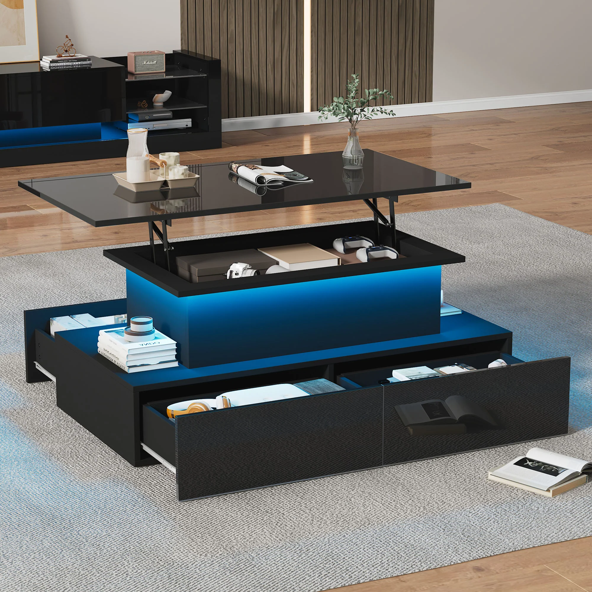 Coffee Table, LED Lit with 4 Drawers, Black High-Gloss - Image 4