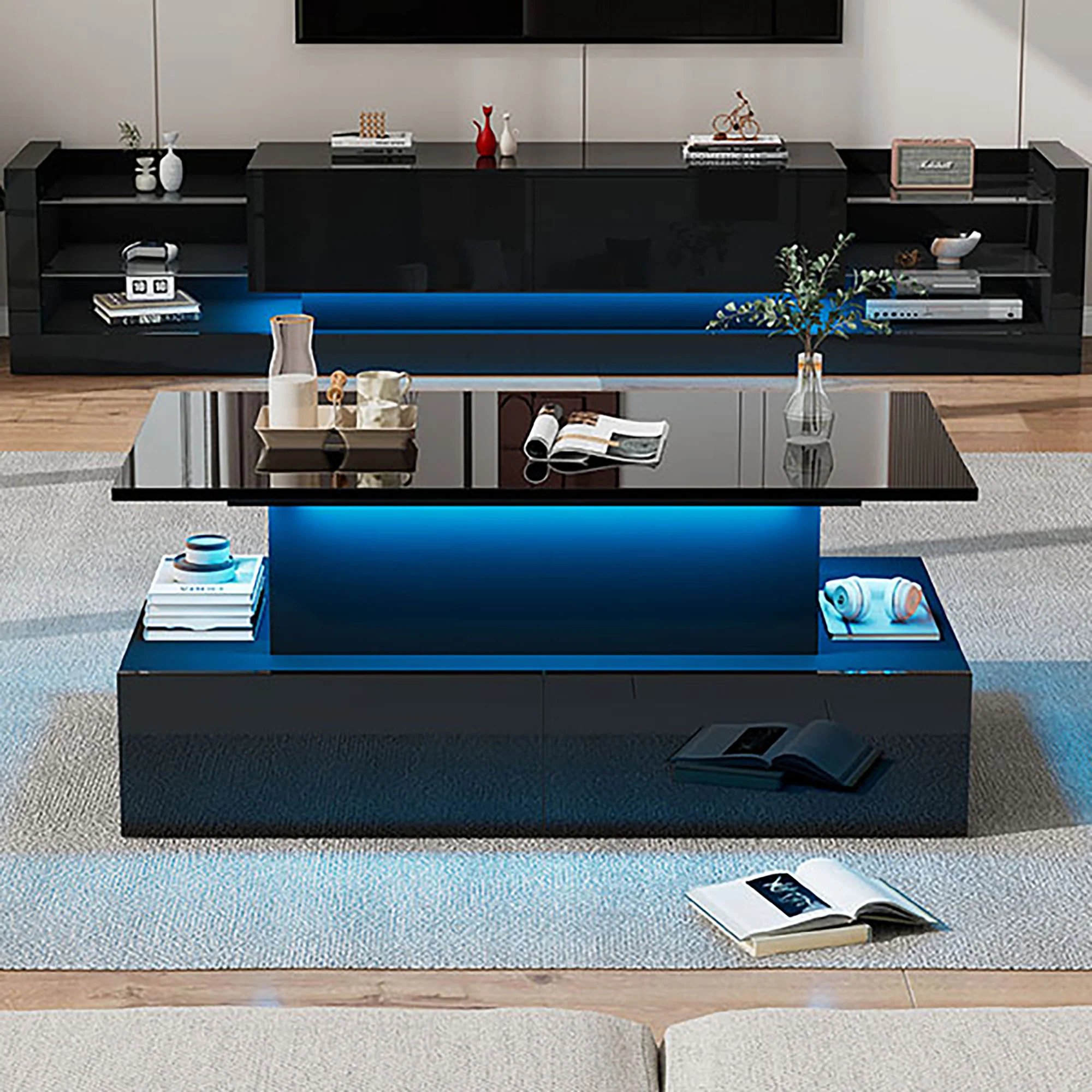 Coffee Table, LED Lit with 4 Drawers, Black High-Gloss - Image 5