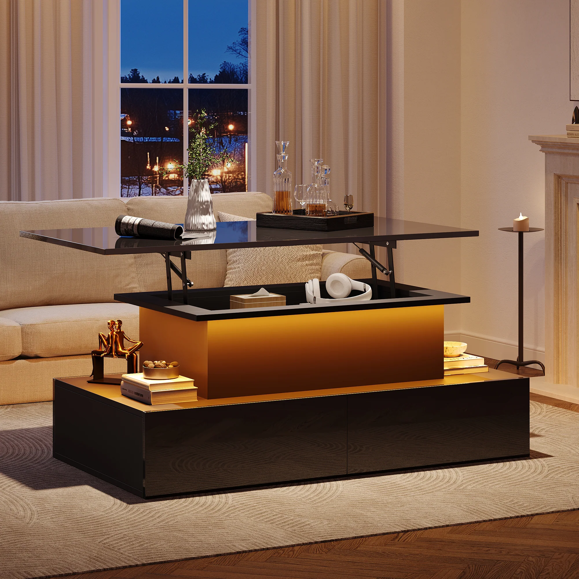 Coffee Table, LED Lit with 4 Drawers, Black High-Gloss - Image 6