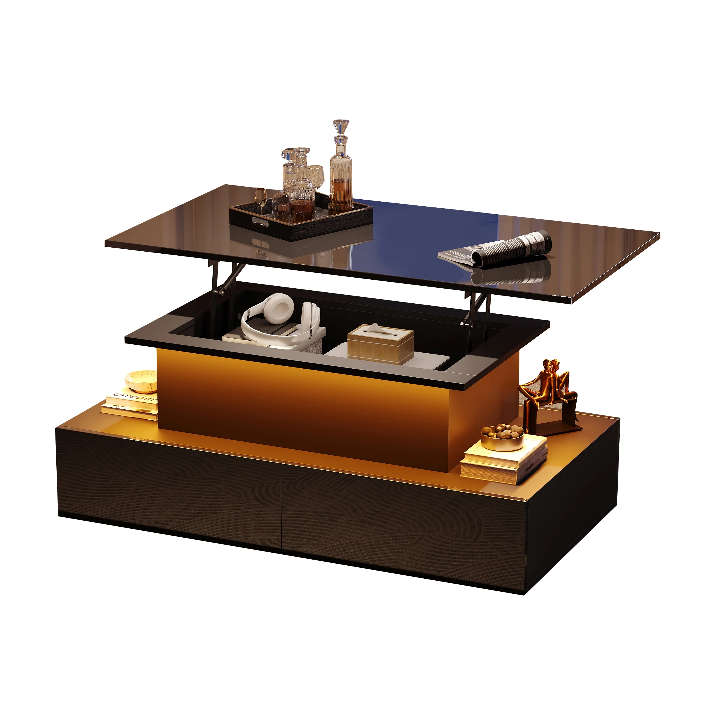 Coffee Table, LED Lit with 4 Drawers, Black High-Gloss - Image 7