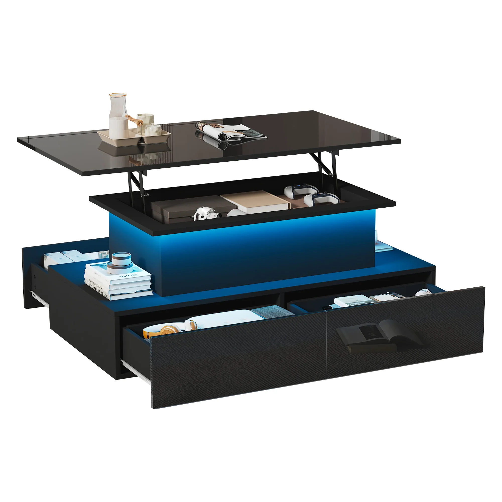 Coffee Table, LED Lit with 4 Drawers, Black High-Gloss - Image 9