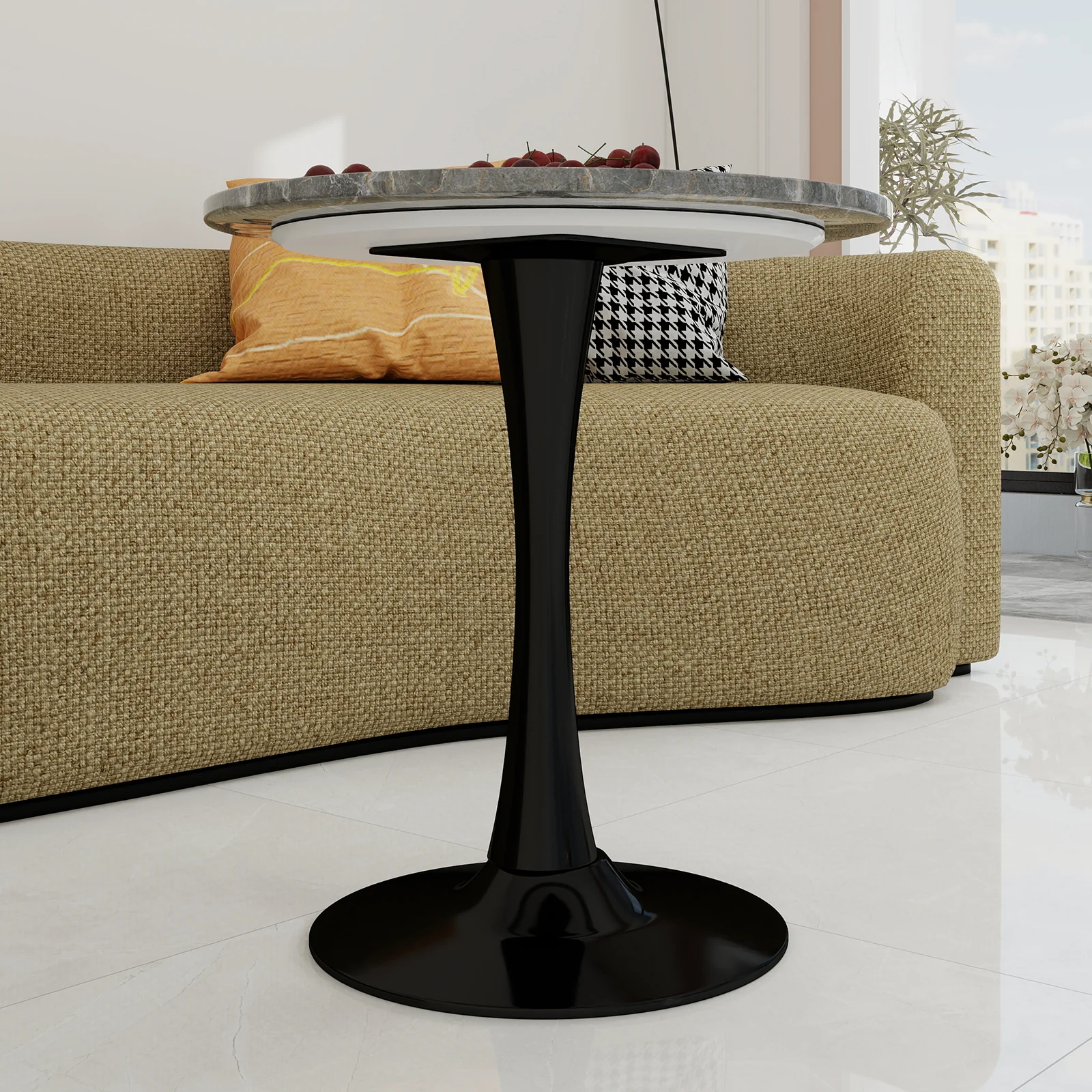 Coffee Table Mid-Century Modern 27.6" Round Marble - Black - Image 6