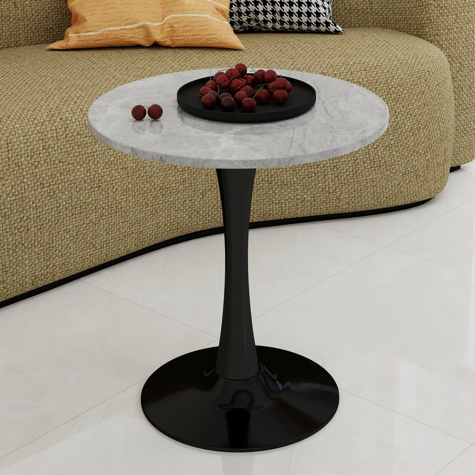 Coffee Table Mid-Century Modern Round Marble Top 27.6-inch - Black - Image 6