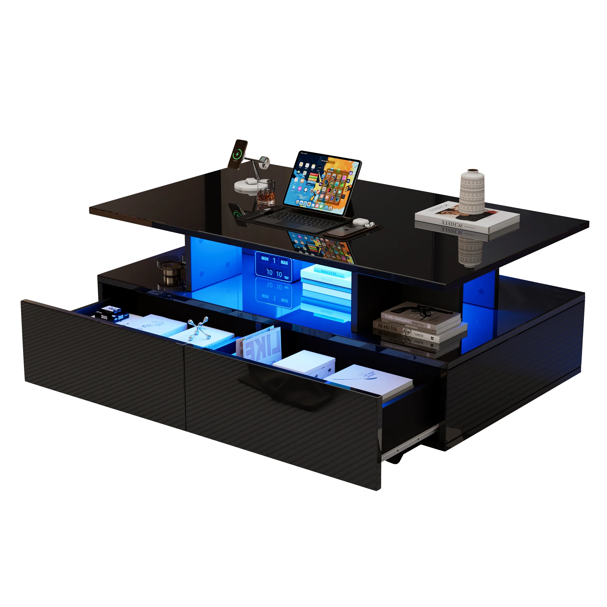 Coffee Table, Modern High-Gloss with LED & 2 Drawers, White - Image 8