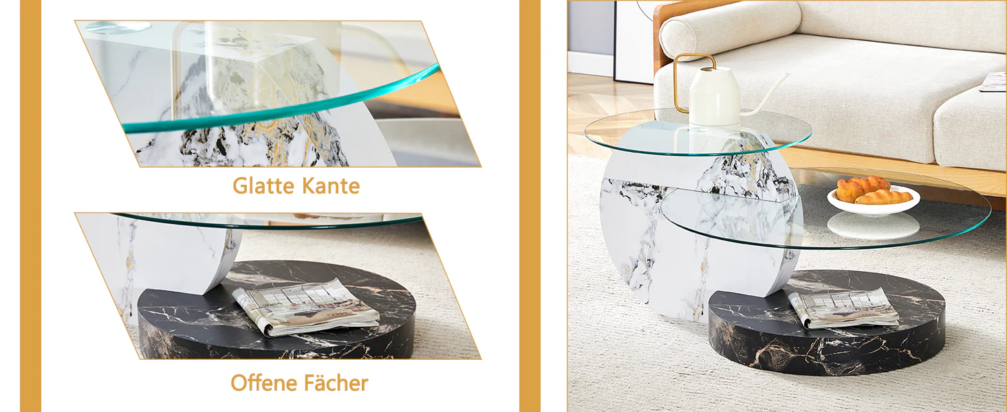 Coffee Table Modern Minimalist Two-Tiered Safety Glass Black and White Marble Effect - Image 10