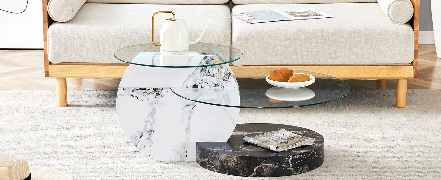 Coffee Table Modern Minimalist Two-Tiered Safety Glass Black and White Marble Effect - Image 9