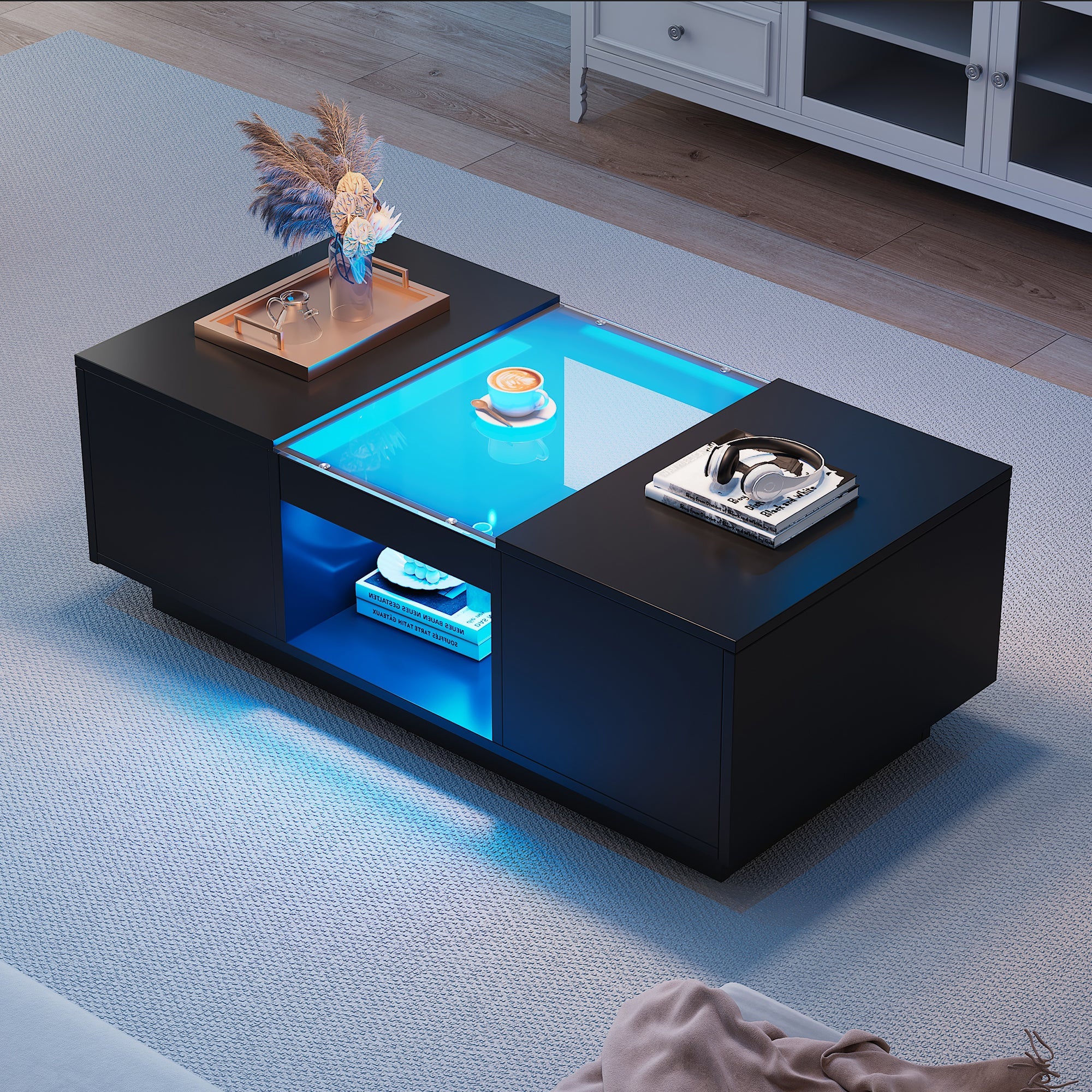Coffee Table: Modern with Storage & LED Lights, 2 Tiers & 2 Drawers, Large Living Room Center Table, Black Particle Board