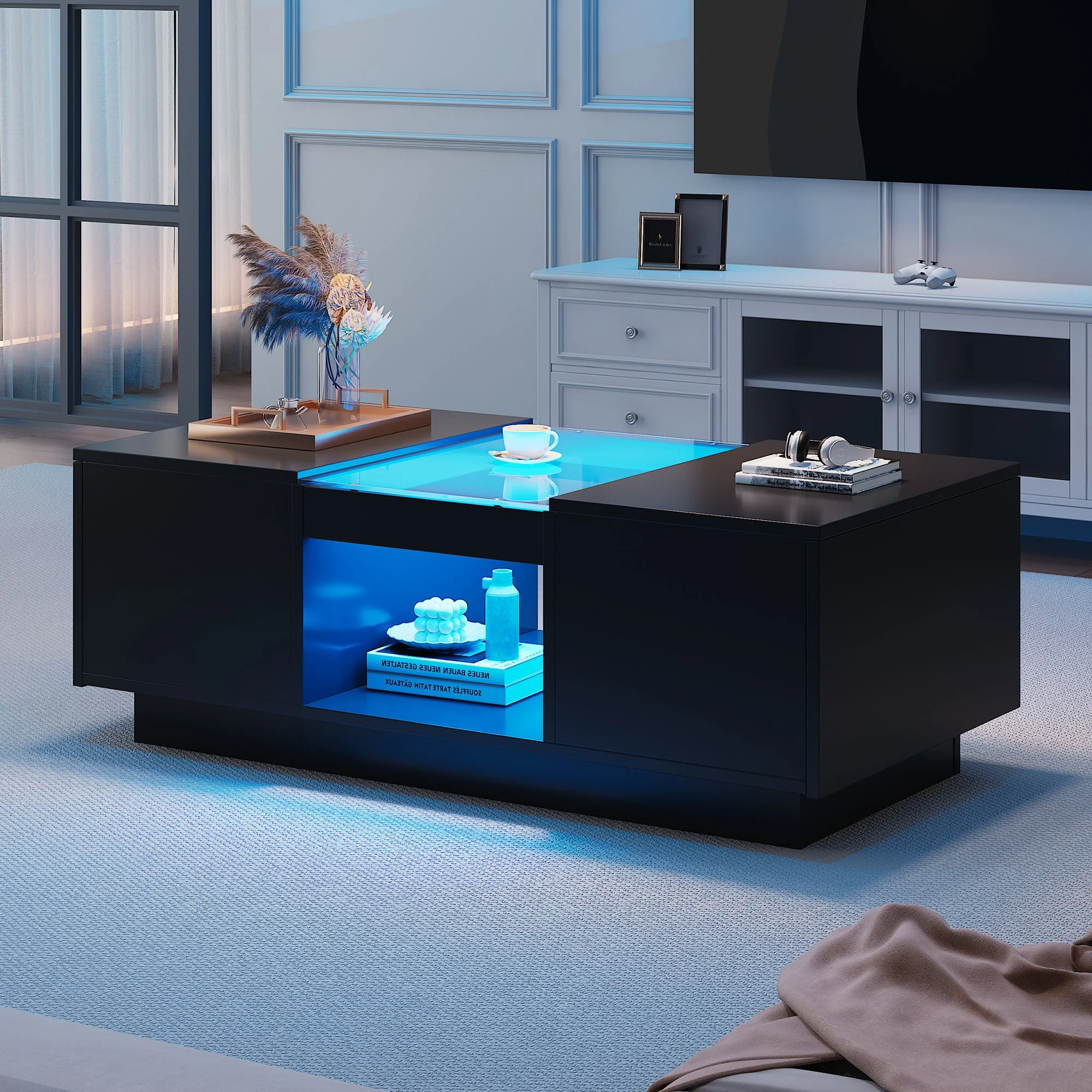 Coffee Table: Modern with Storage & LED Lights, 2 Tiers & 2 Drawers, Large Living Room Center Table, Black Particle Board - Image 2