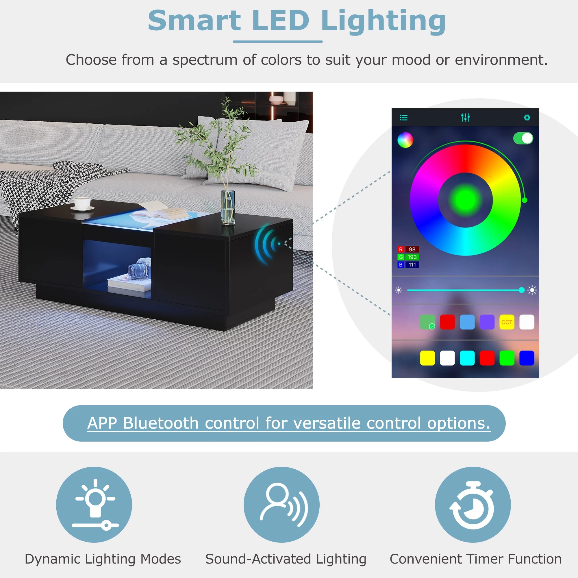 Coffee Table: Modern with Storage & LED Lights, 2 Tiers & 2 Drawers, Large Living Room Center Table, Black Particle Board - Image 3