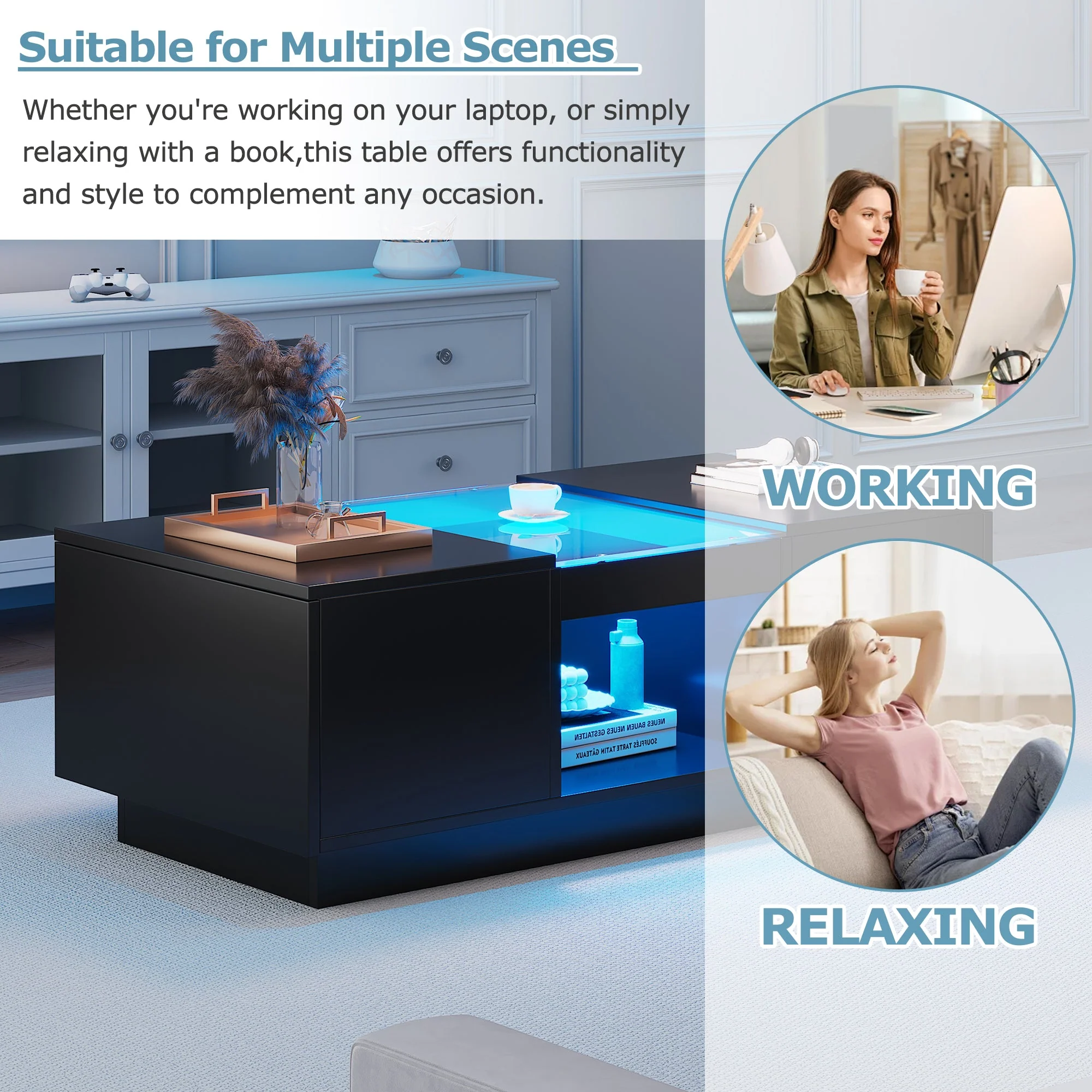 Coffee Table: Modern with Storage & LED Lights, 2 Tiers & 2 Drawers, Large Living Room Center Table, Black Particle Board - Image 4