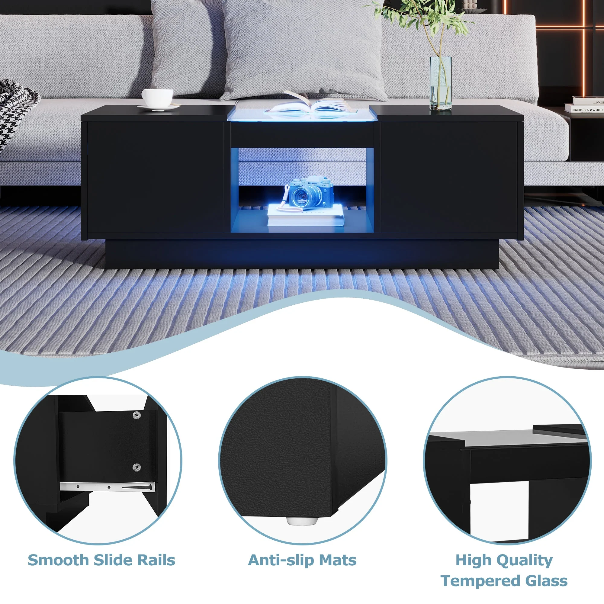 Coffee Table: Modern with Storage & LED Lights, 2 Tiers & 2 Drawers, Large Living Room Center Table, Black Particle Board - Image 5