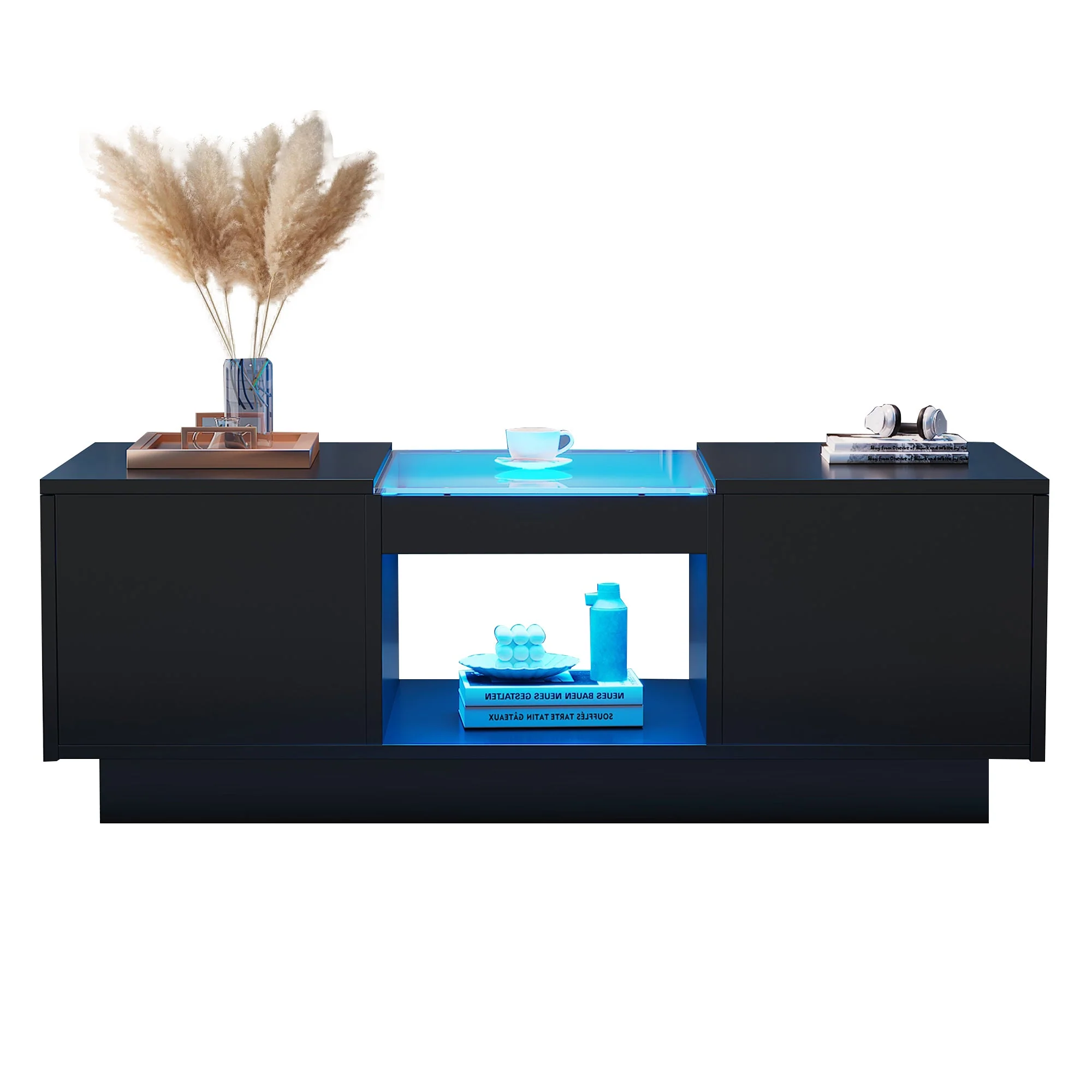Coffee Table: Modern with Storage & LED Lights, 2 Tiers & 2 Drawers, Large Living Room Center Table, Black Particle Board - Image 6