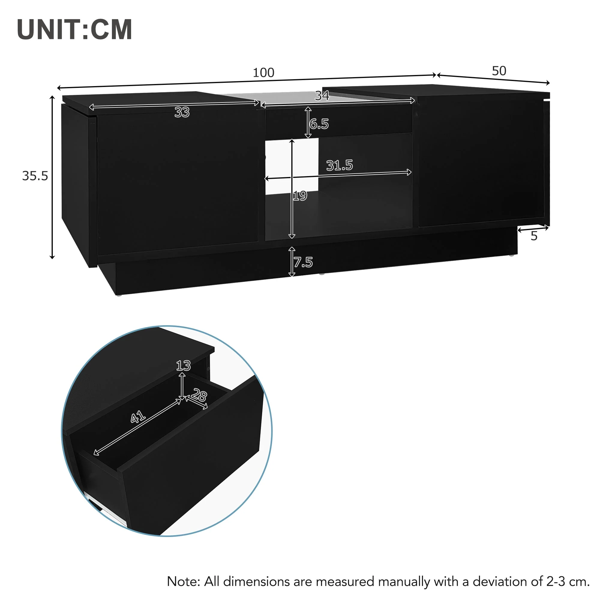 Coffee Table: Modern with Storage & LED Lights, 2 Tiers & 2 Drawers, Large Living Room Center Table, Black Particle Board - Image 7