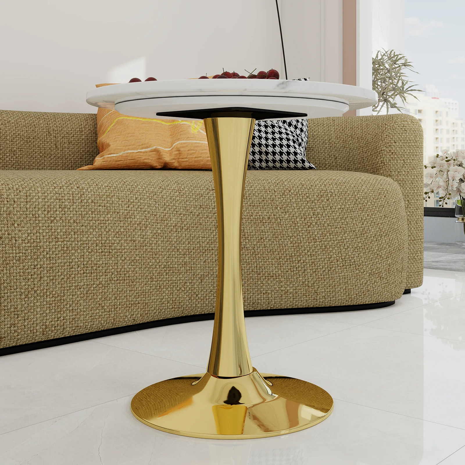 Coffee Table Round Marble Top Mid-Century Modern Style 27.6-inch Golden - Image 4