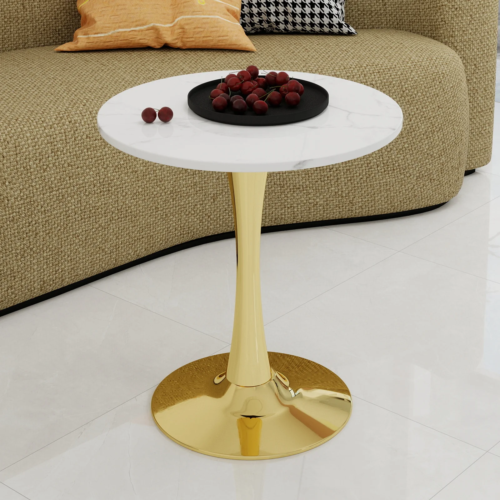 Coffee Table Round Marble Top Mid-Century Modern Style 27.6-inch Golden - Image 5