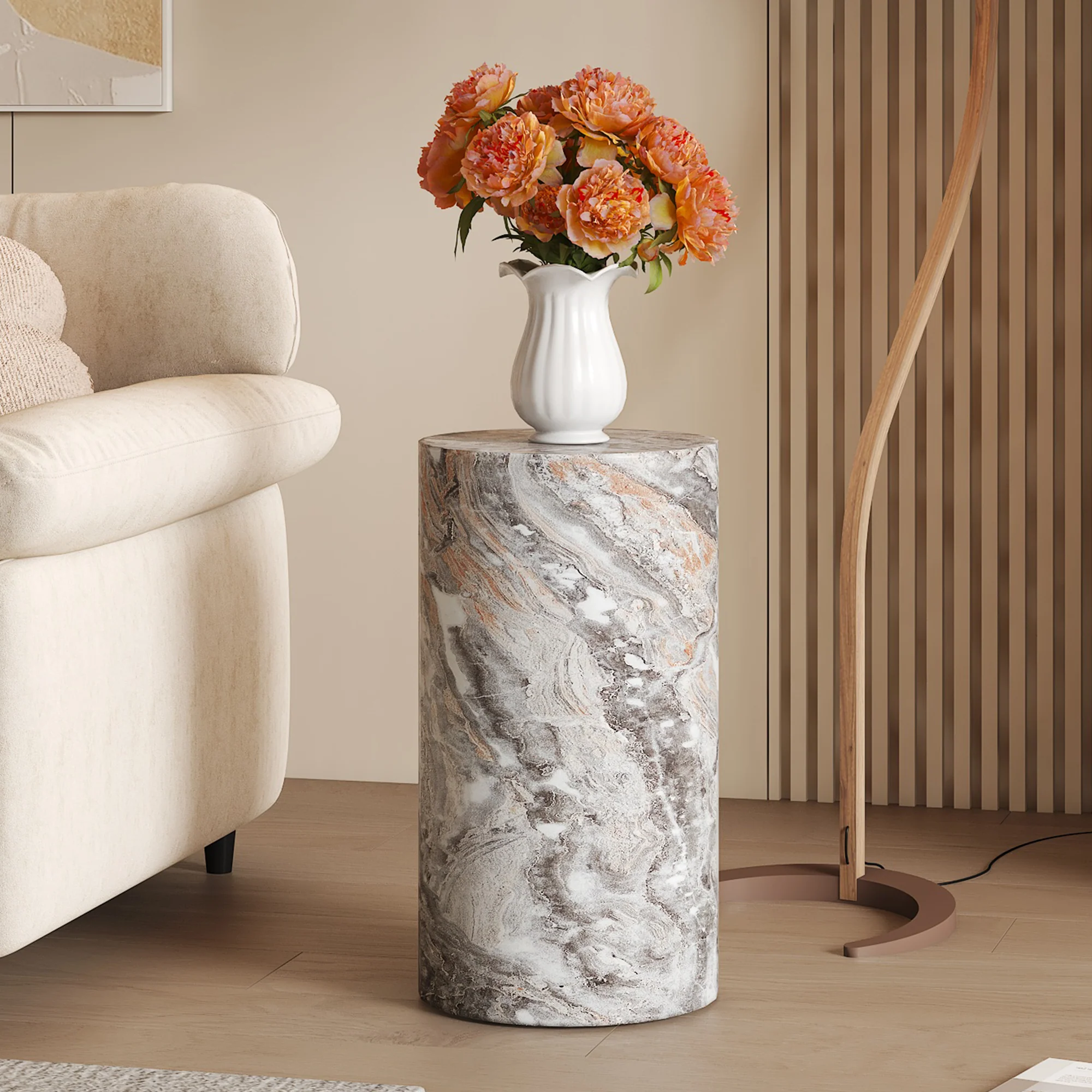 Coffee Table Round MDF Minimalist Design Small Side Table Grey Marble Look - Image 2