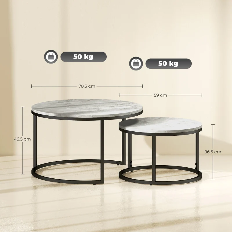 Coffee Table Set - 2 Round Nesting Tables Industrial Metal Frame - Concrete Look/Black