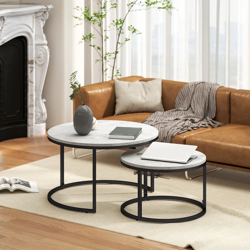Coffee Table Set - 2 Round Nesting Tables Industrial Metal Frame - Concrete Look/Black - Image 2