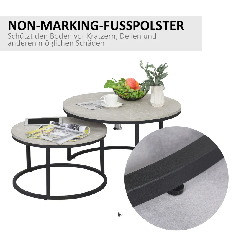 Coffee Table Set - 2 Round Nesting Tables Industrial Metal Frame - Concrete Look/Black - Image 6