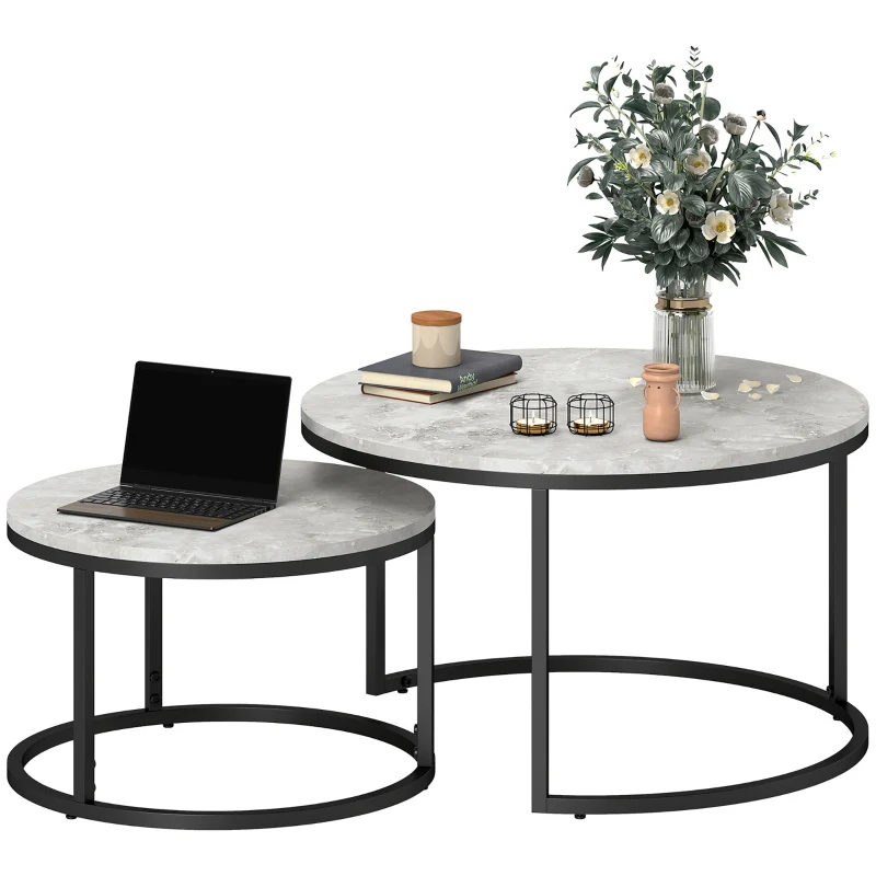 Coffee Table Set - 2 Round Nesting Tables Industrial Metal Frame - Concrete Look/Black - Image 8
