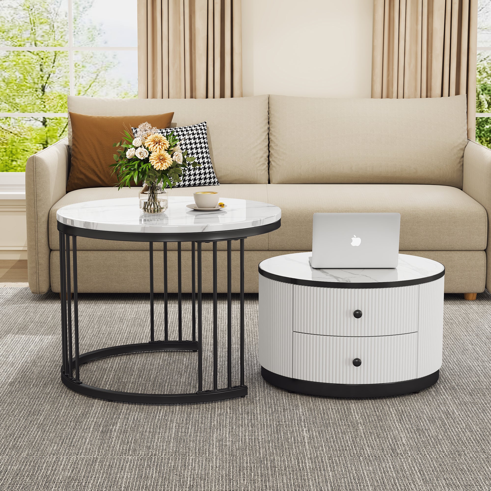 Coffee Table Set, Round Nesting with Drawers, White Marble Look - Image 3