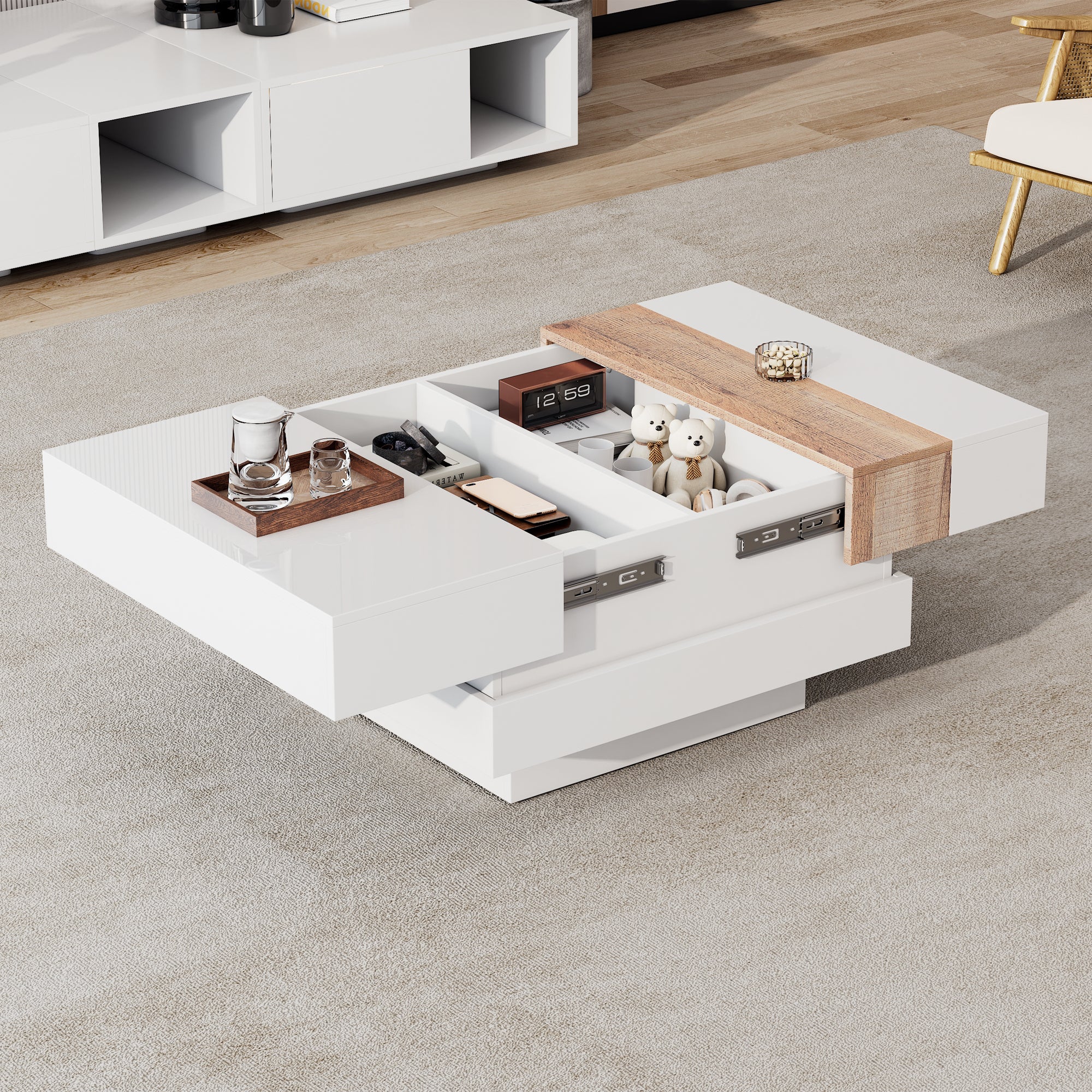 Coffee Table, Square with Extendable Top & Hidden Storage, White High Gloss - Image 2