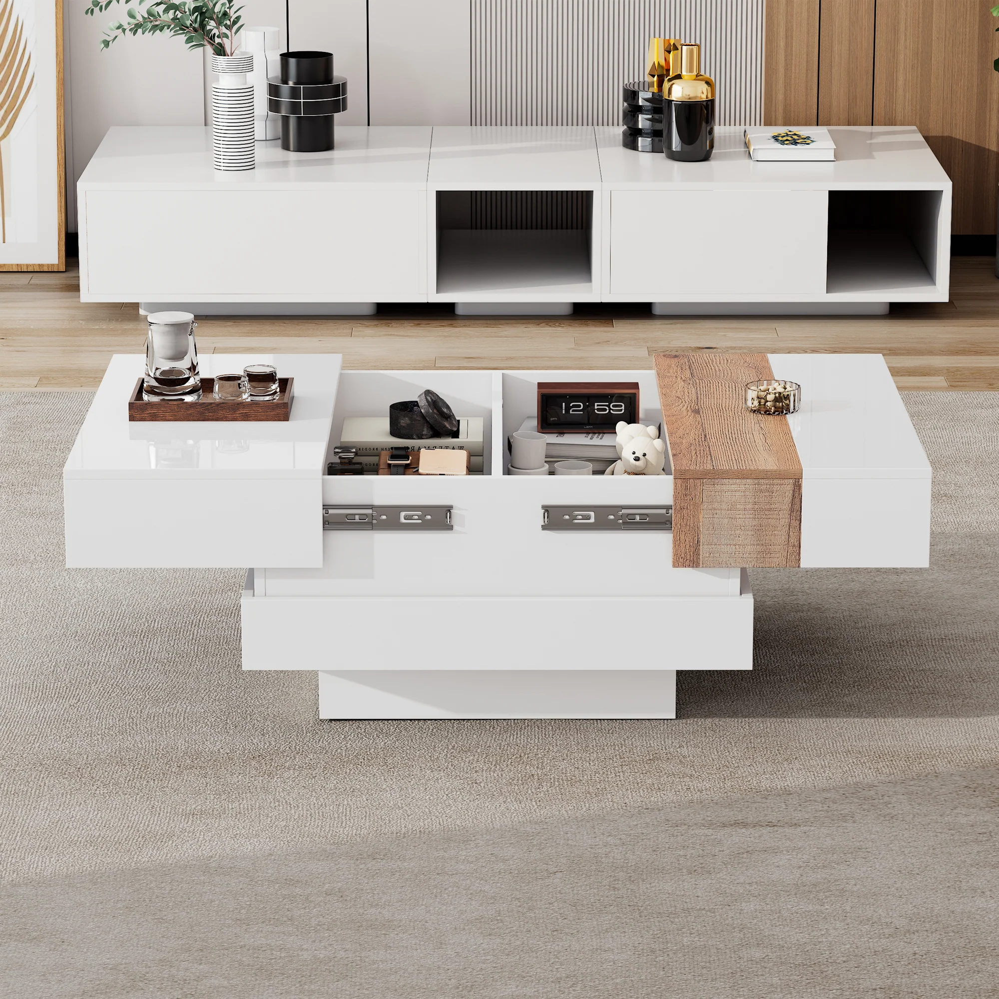 Coffee Table, Square with Extendable Top & Hidden Storage, White High Gloss - Image 4