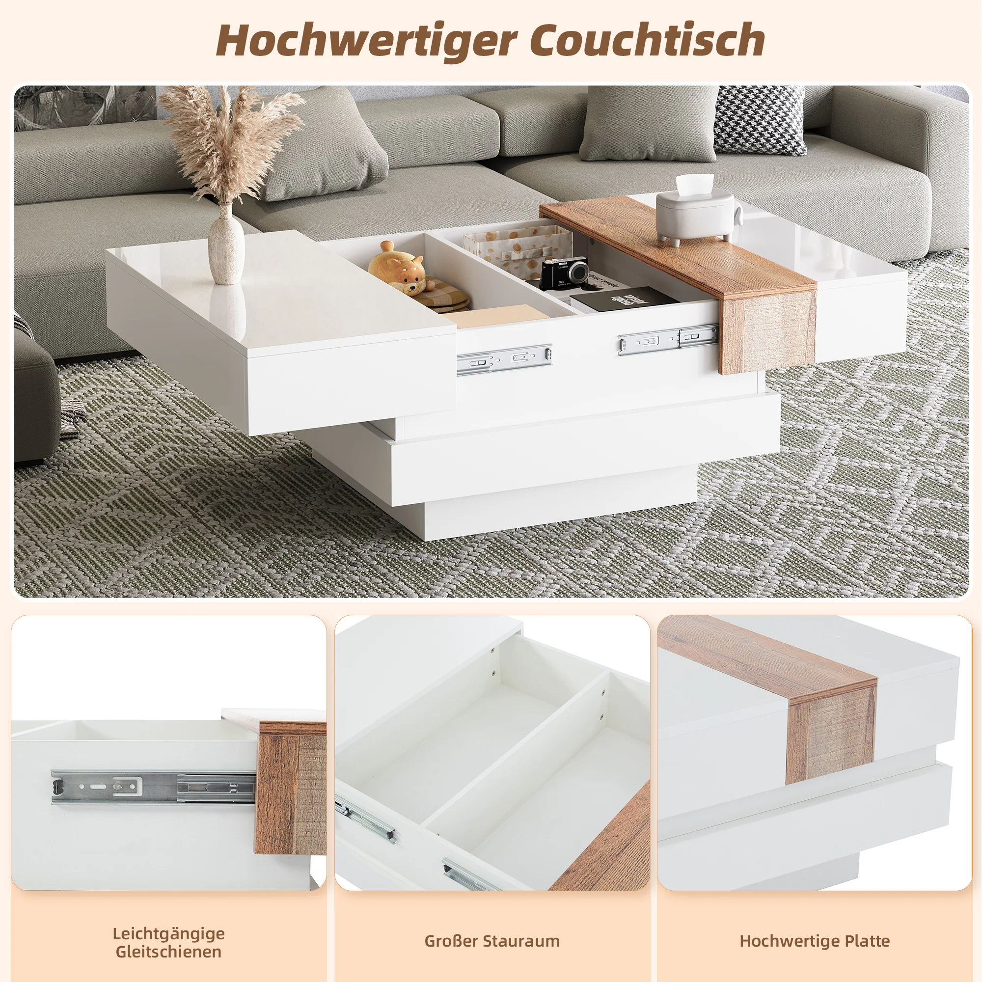 Coffee Table, Square with Extendable Top & Hidden Storage, White High Gloss - Image 8