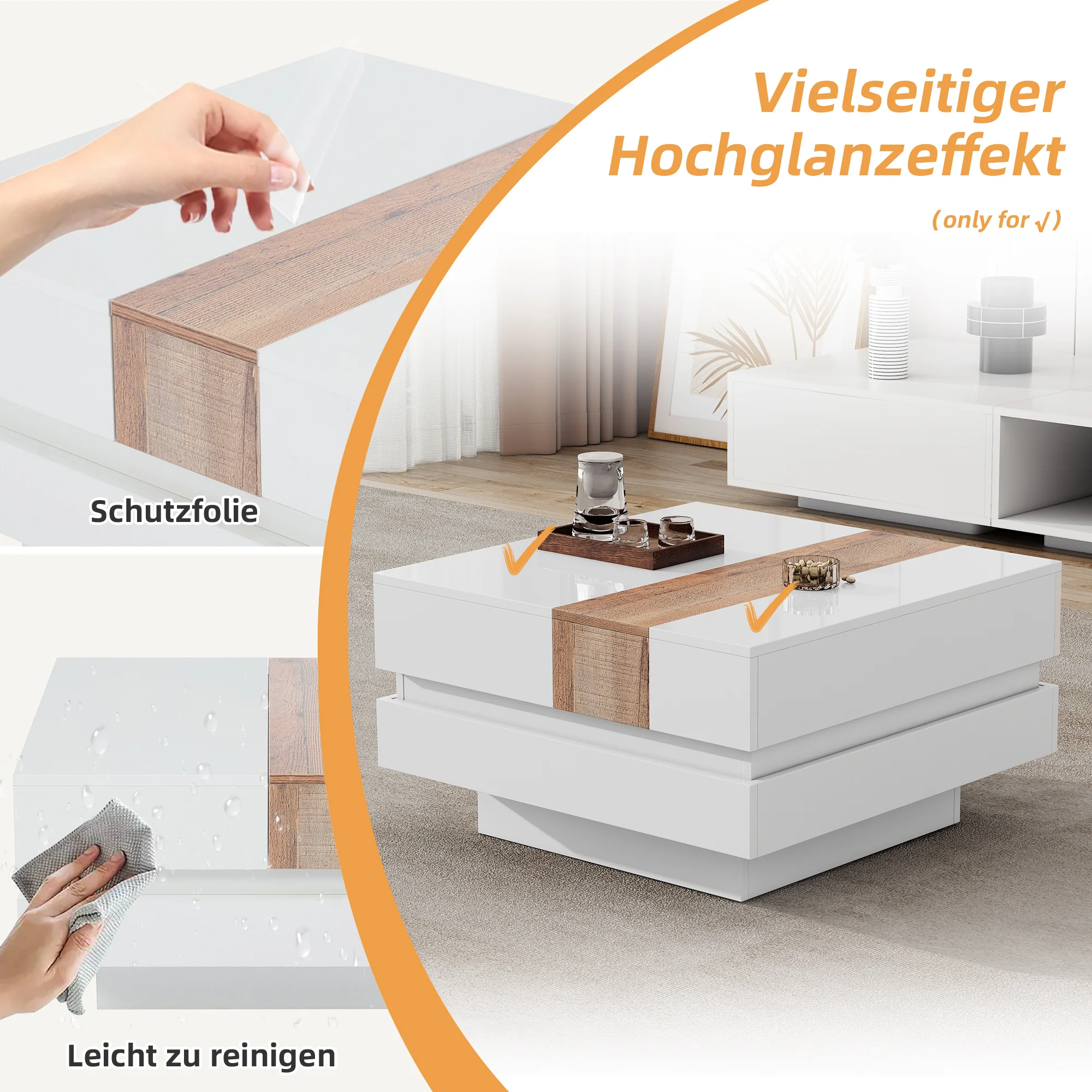 Coffee Table, Square with Extendable Top & Hidden Storage, White High Gloss - Image 9