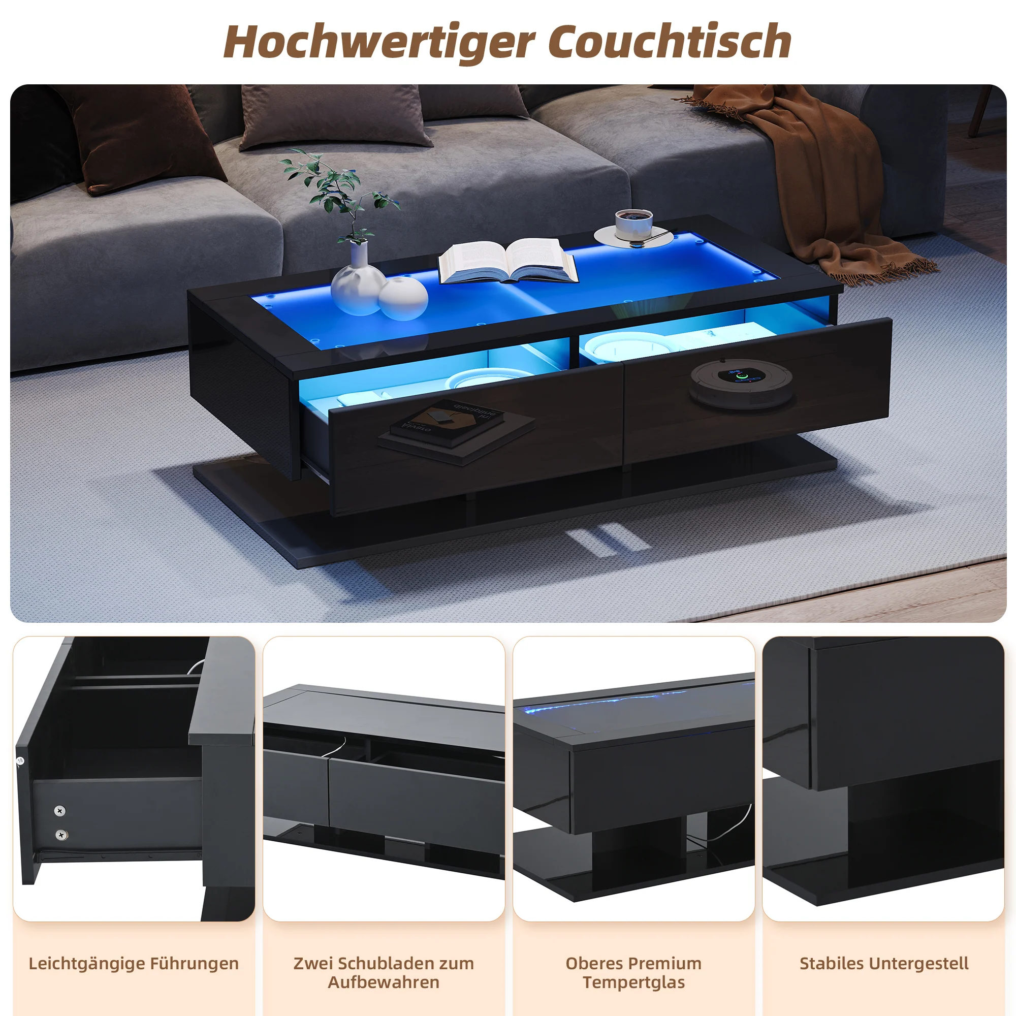 Coffee Table with Drawers, LED Light, Glass Top, Black - Image 12