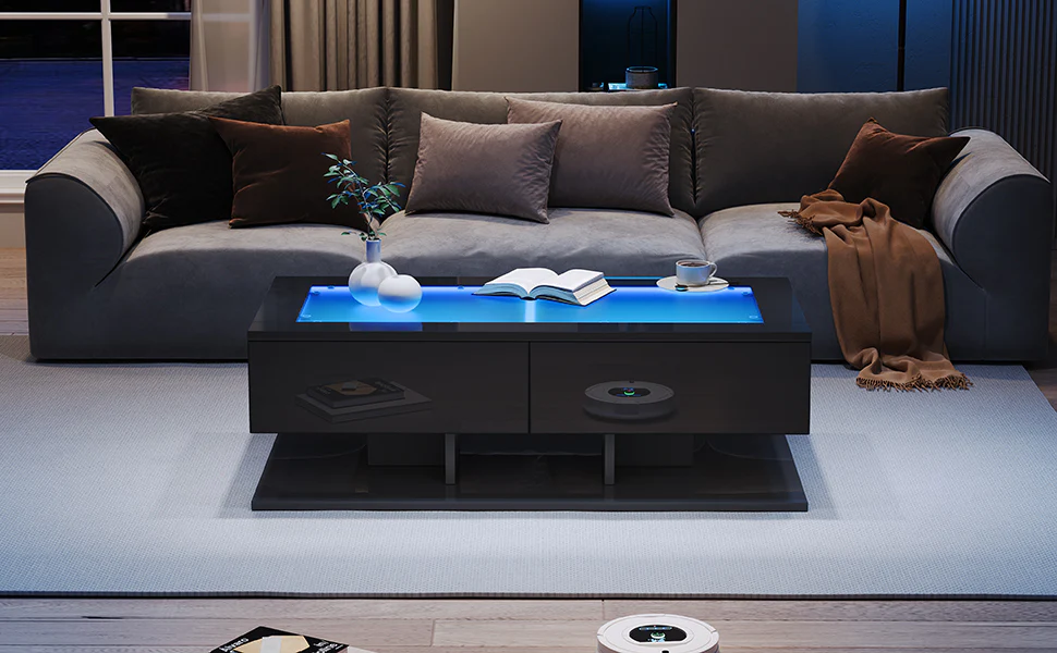 Coffee Table with Drawers, LED Light, Glass Top, Black - Image 6
