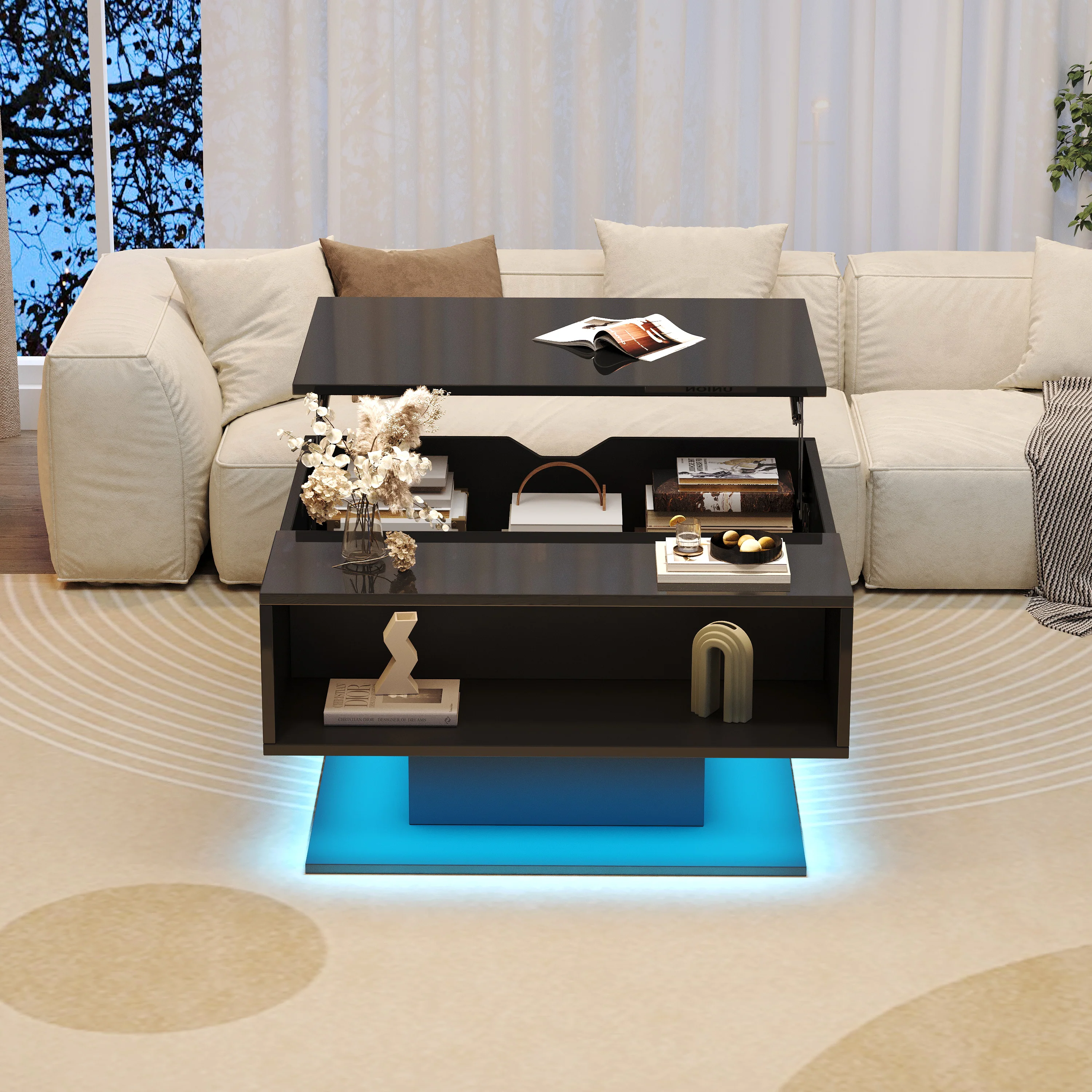 Coffee Table with Hydraulic Lift, High-Gloss, Storage, Black - Image 2