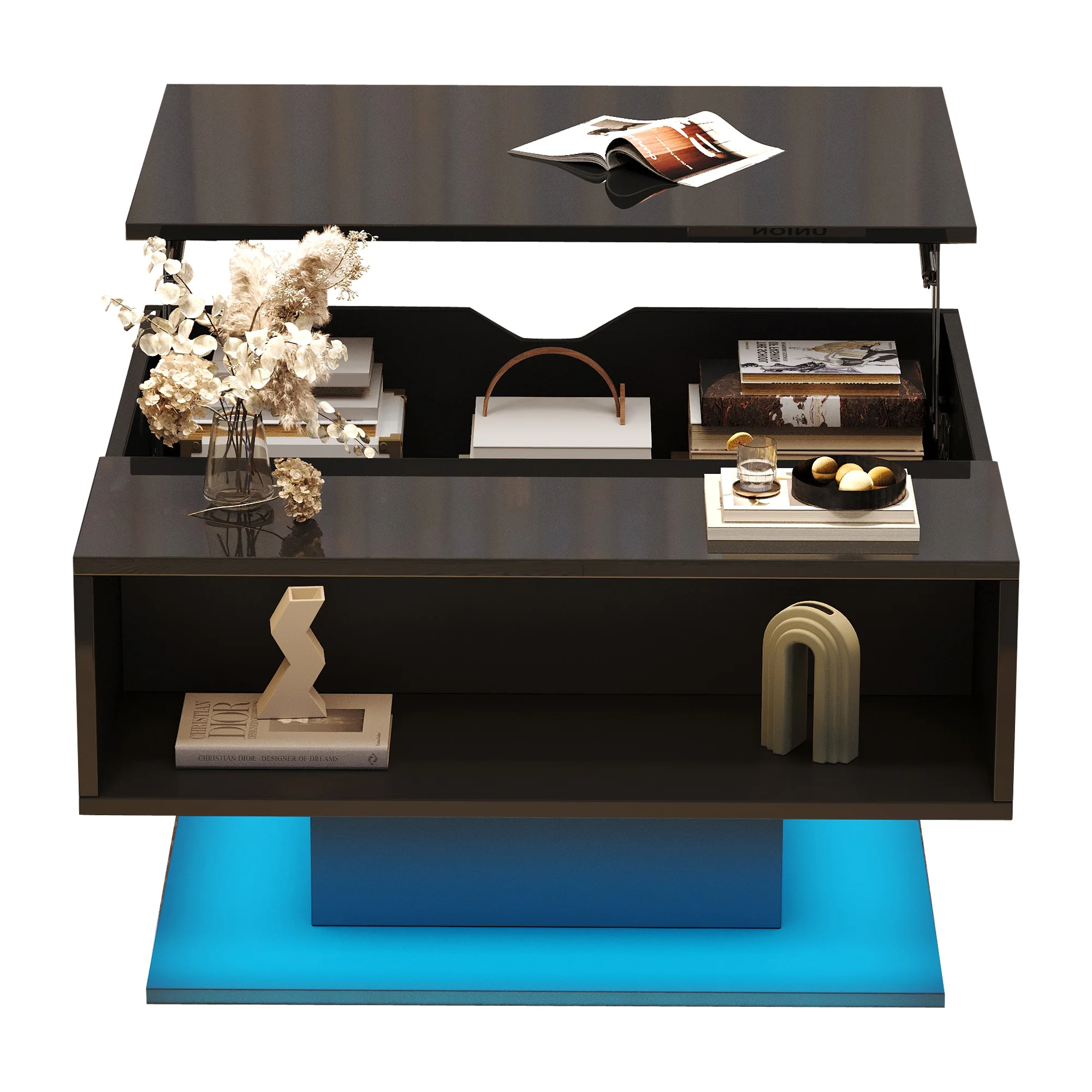 Coffee Table with Hydraulic Lift, High-Gloss, Storage, Black - Image 4