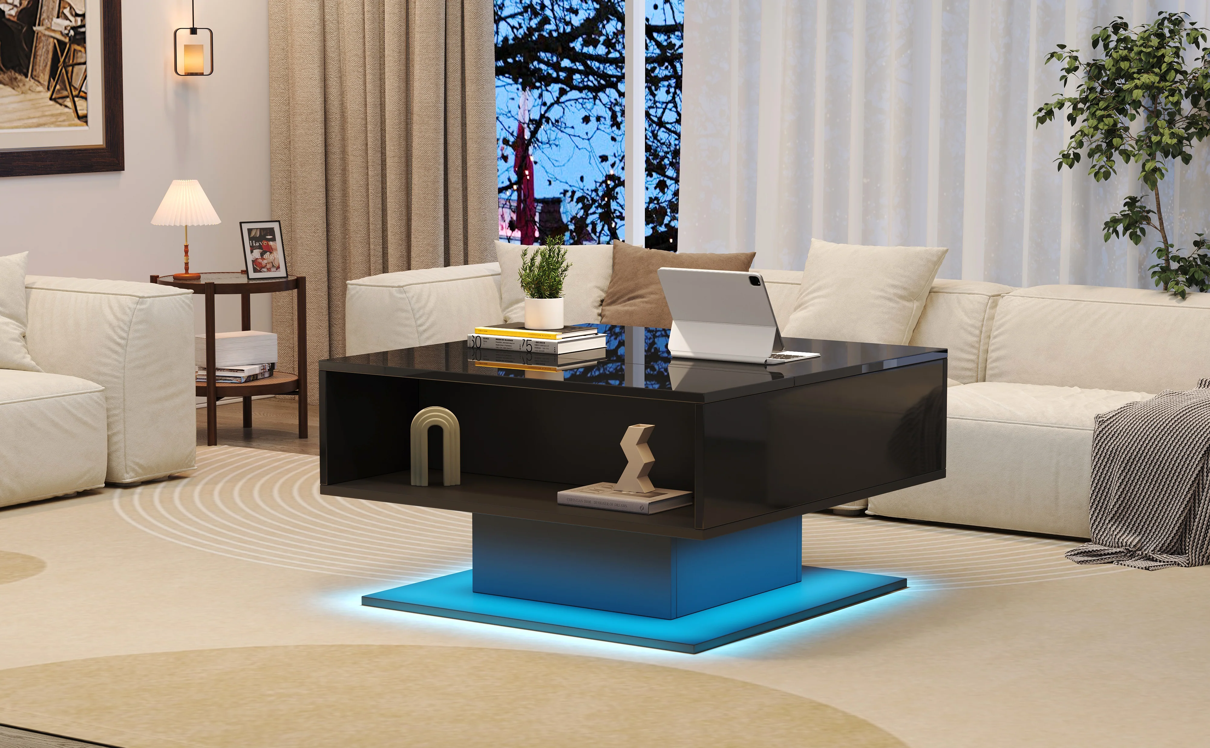Coffee Table with Hydraulic Lift, High-Gloss, Storage, Black - Image 5