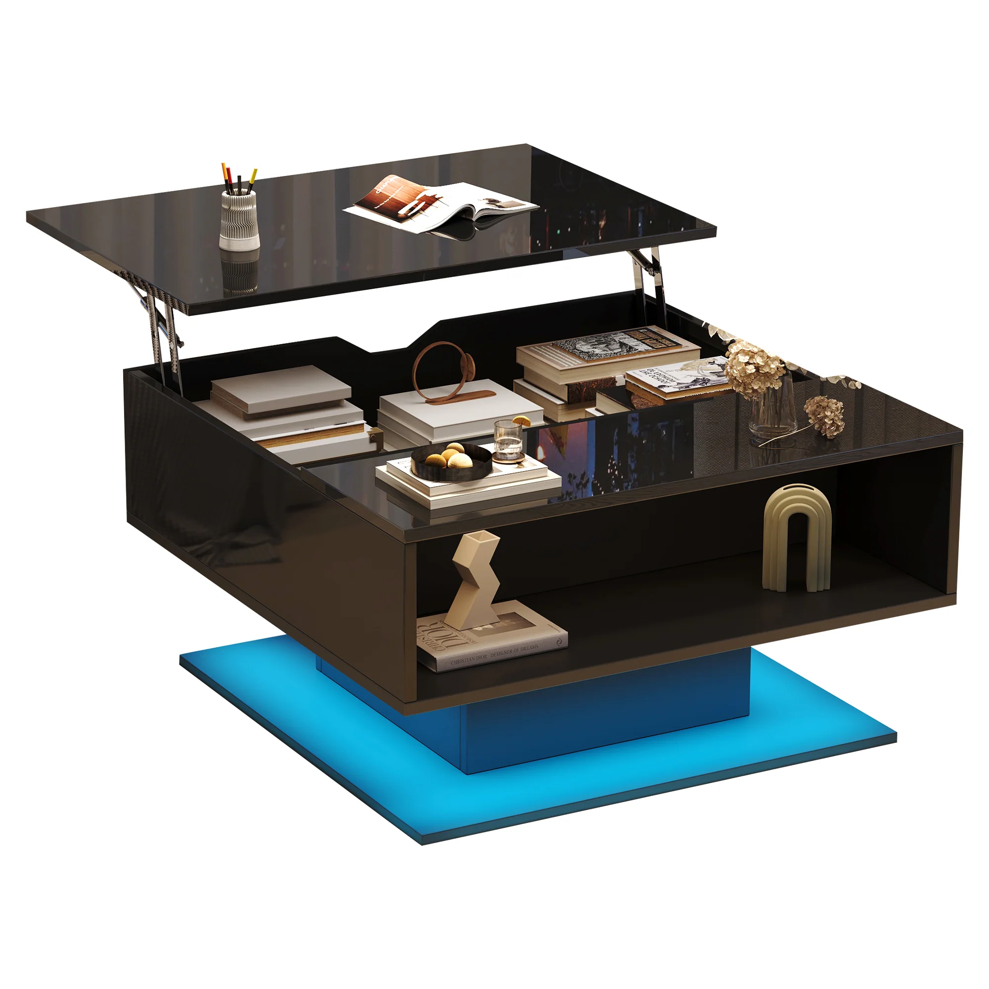 Coffee Table with Hydraulic Lift, High-Gloss, Storage, Black - Image 8