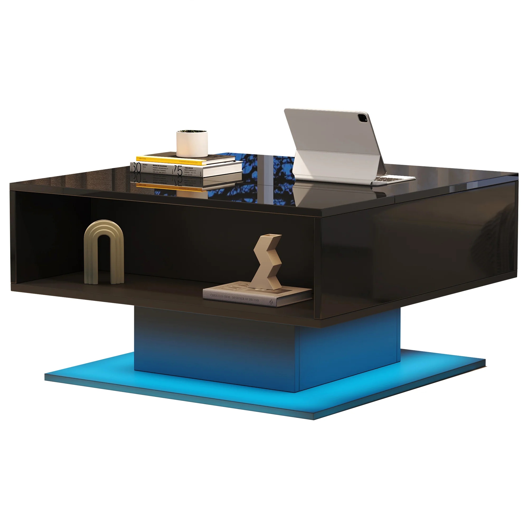 Coffee Table with Hydraulic Lift, High-Gloss, Storage, Black - Image 9