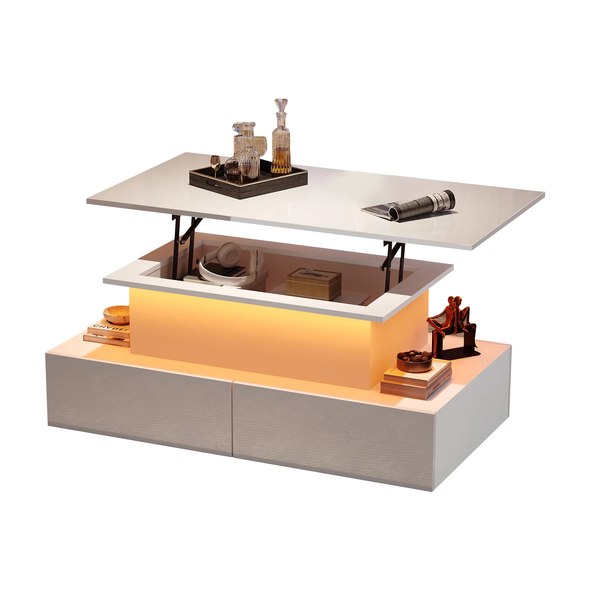 Coffee Table with LED Lighting and 4 Drawers, 90x55x41 cm, White High-Gloss - Image 10