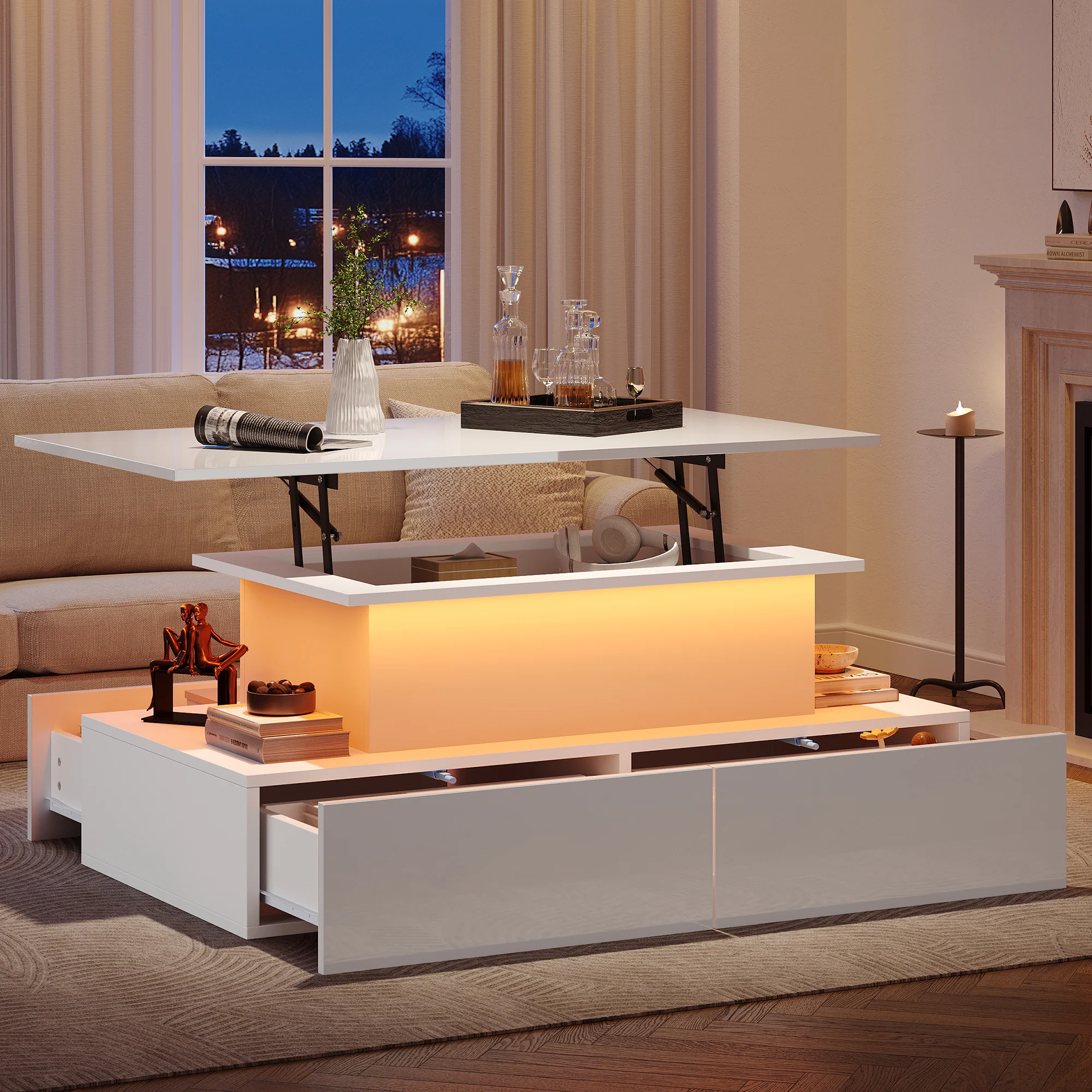 Coffee Table with LED Lighting and 4 Drawers, 90x55x41 cm, White High-Gloss - Image 2